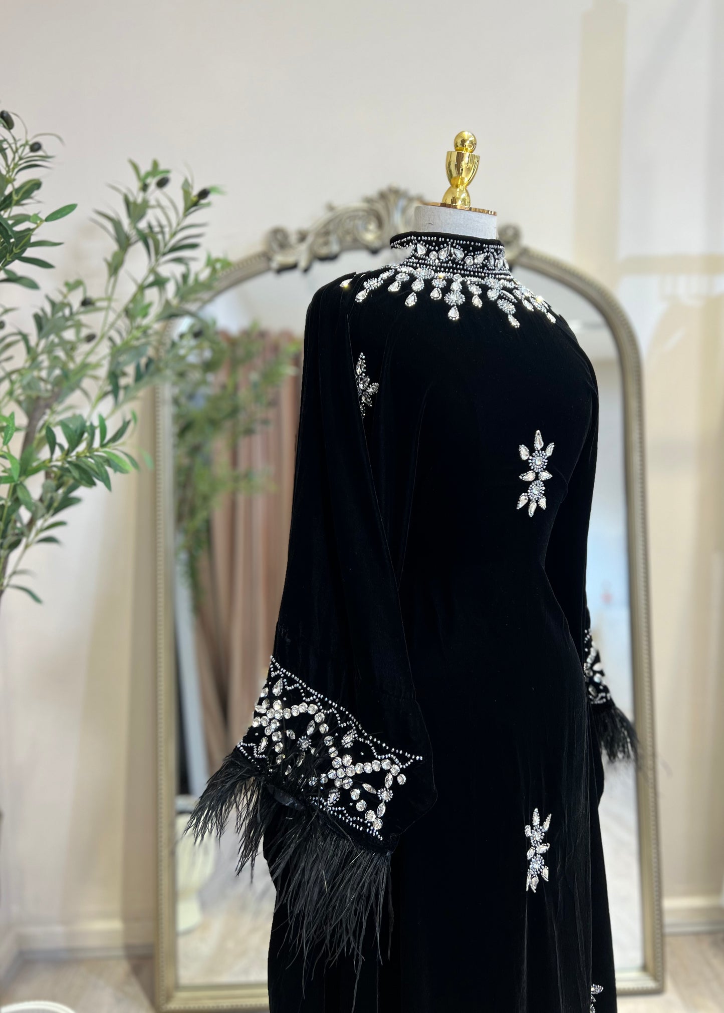 Black Luxury Velvet With Feathers Dress