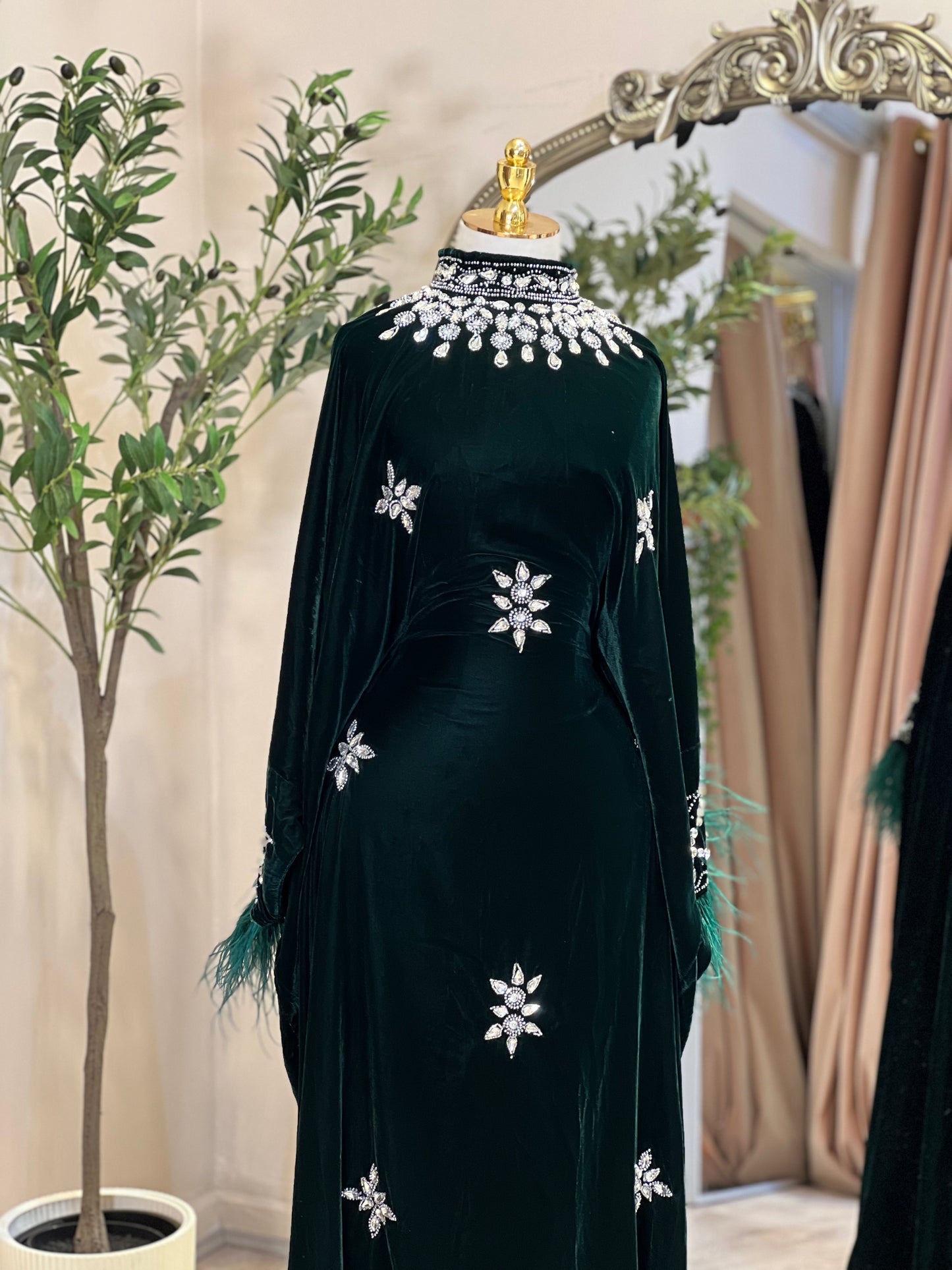 Black Luxury Velvet With Feathers Dress