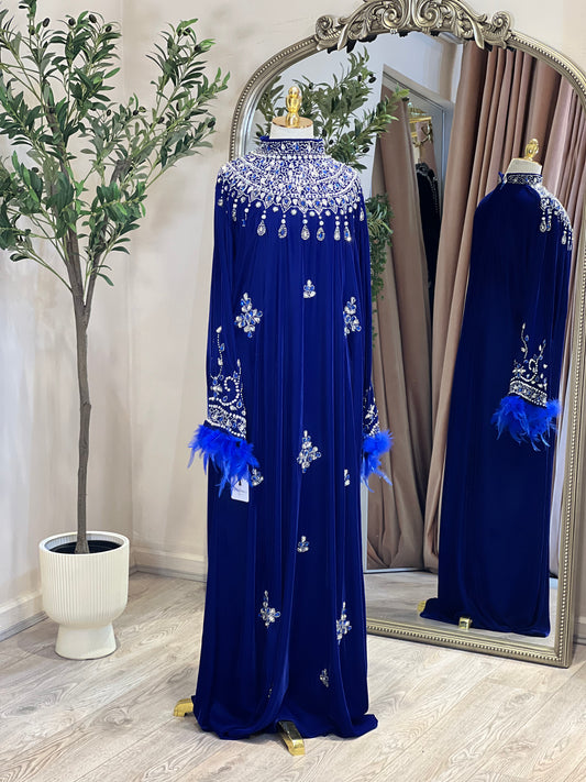 Royal Blue Luxury Velvet Dress With Feathers