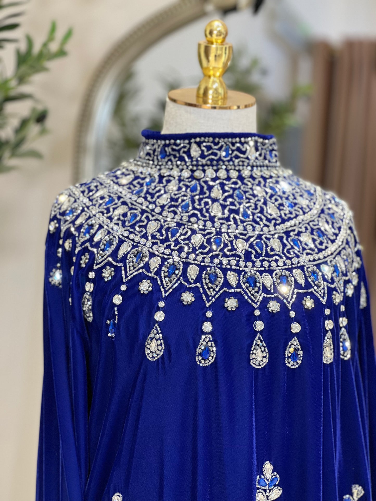 Royal Blue Luxury Velvet Dress With Feathers