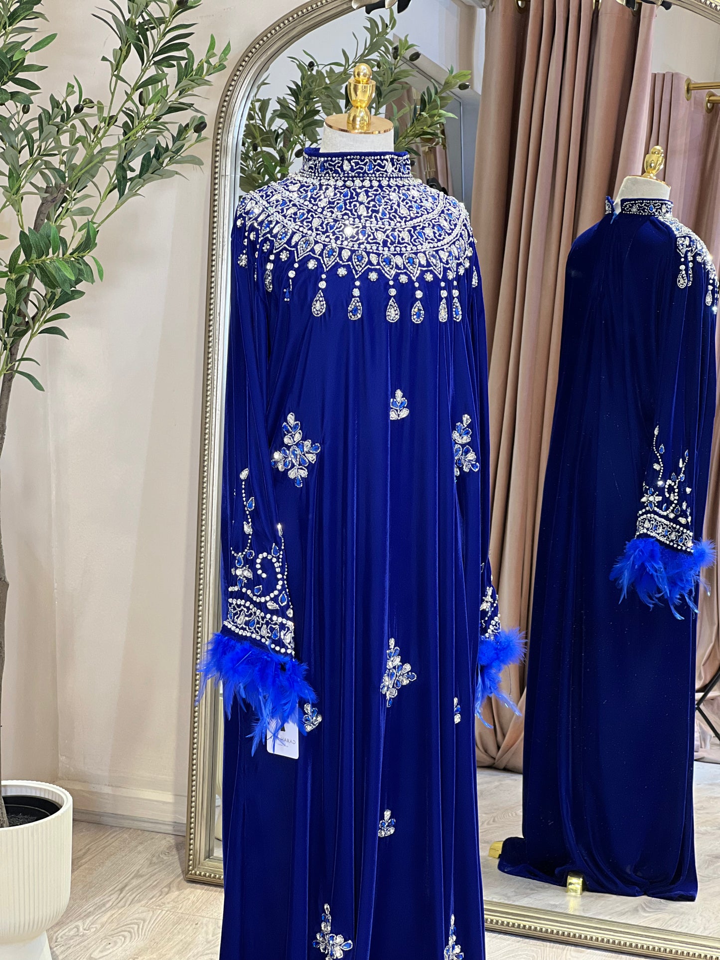 Royal Blue Luxury Velvet Dress With Feathers