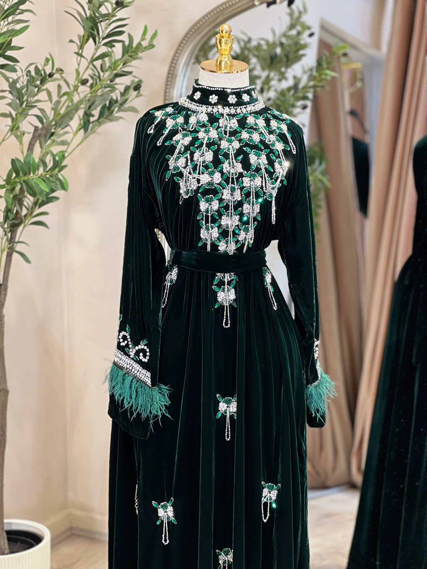 Bisaan Velvet Luxury Dress With Feathers