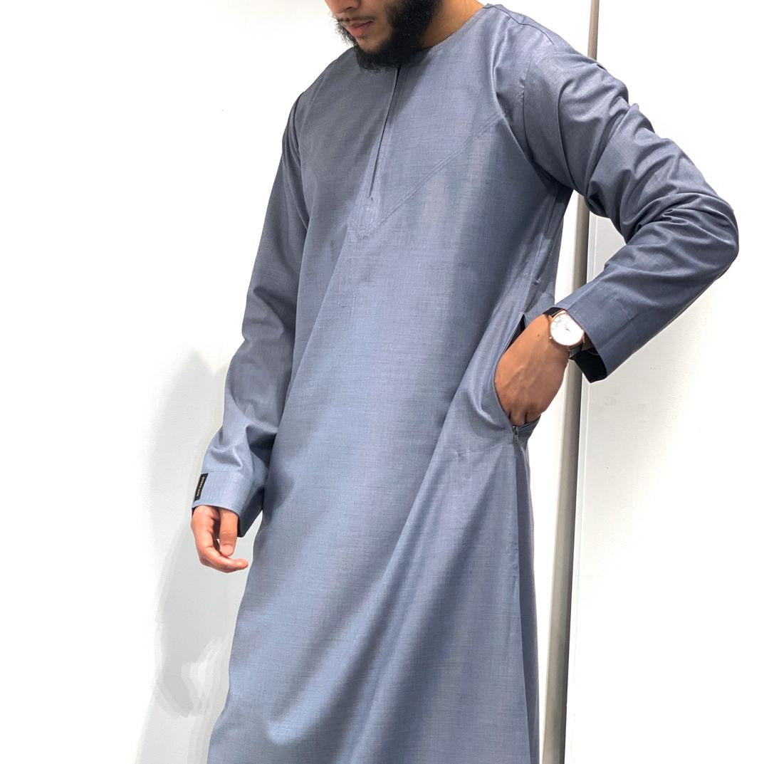 Denim Blue Omani Thobe With a Zip