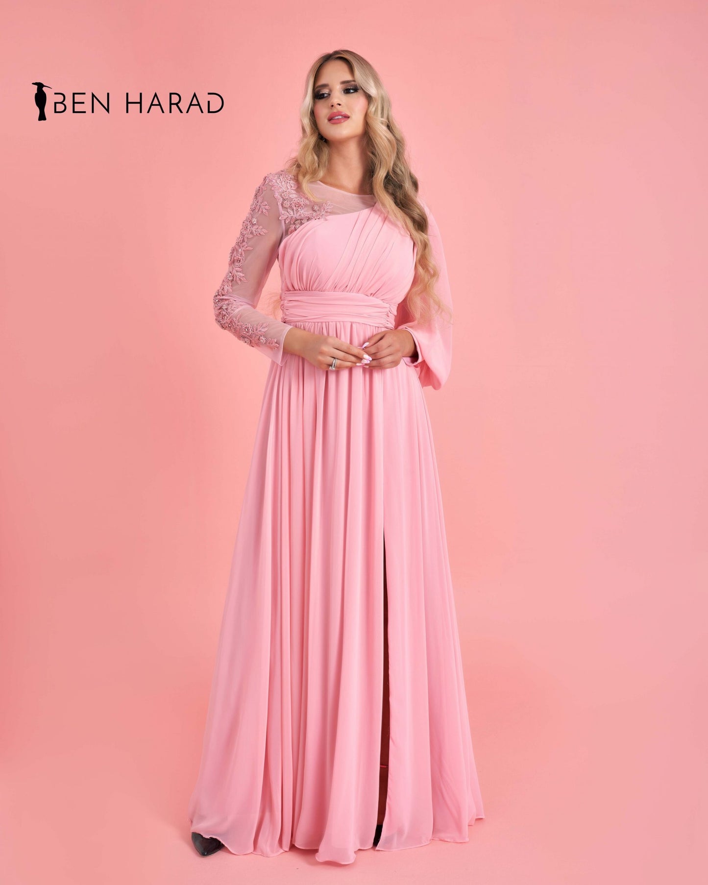 Flamingo Pink drape wrap One Shoulder Sequin Mesh with Split Thigh Chiffon Maxi Dress