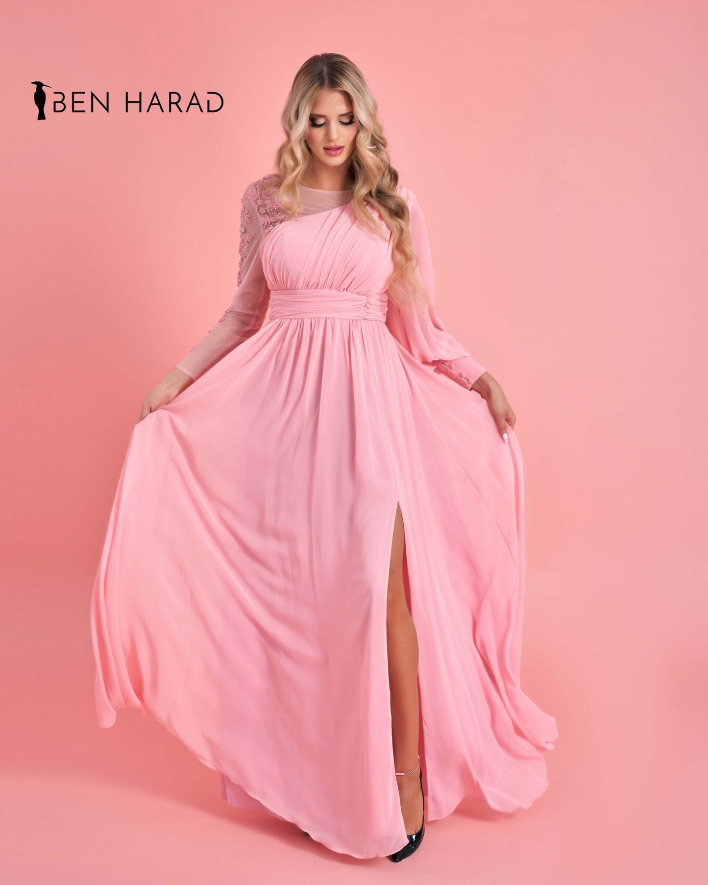 Flamingo Pink drape wrap One Shoulder Sequin Mesh with Split Thigh Chiffon Maxi Dress