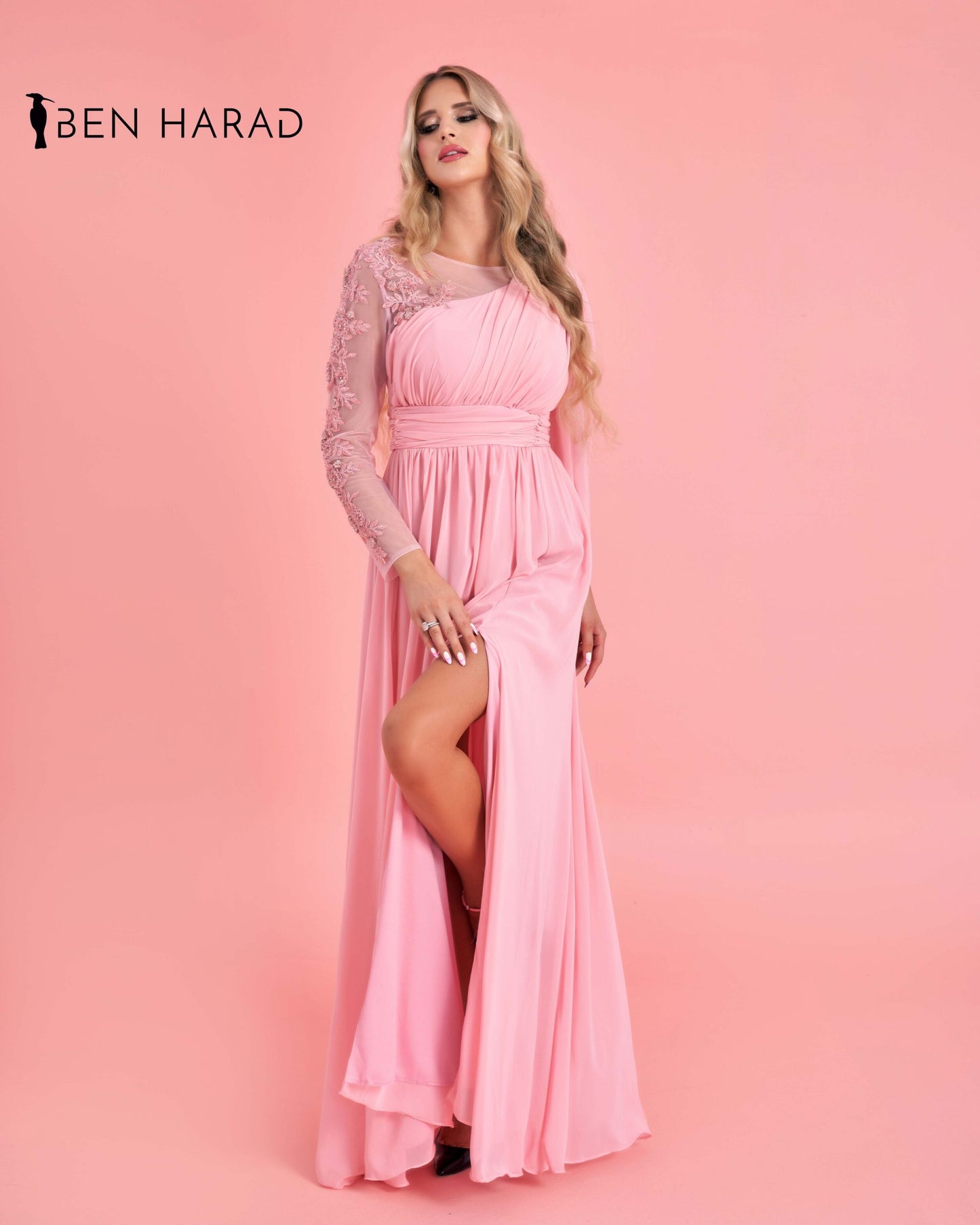 Flamingo Pink drape wrap One Shoulder Sequin Mesh with Split Thigh Chiffon Maxi Dress