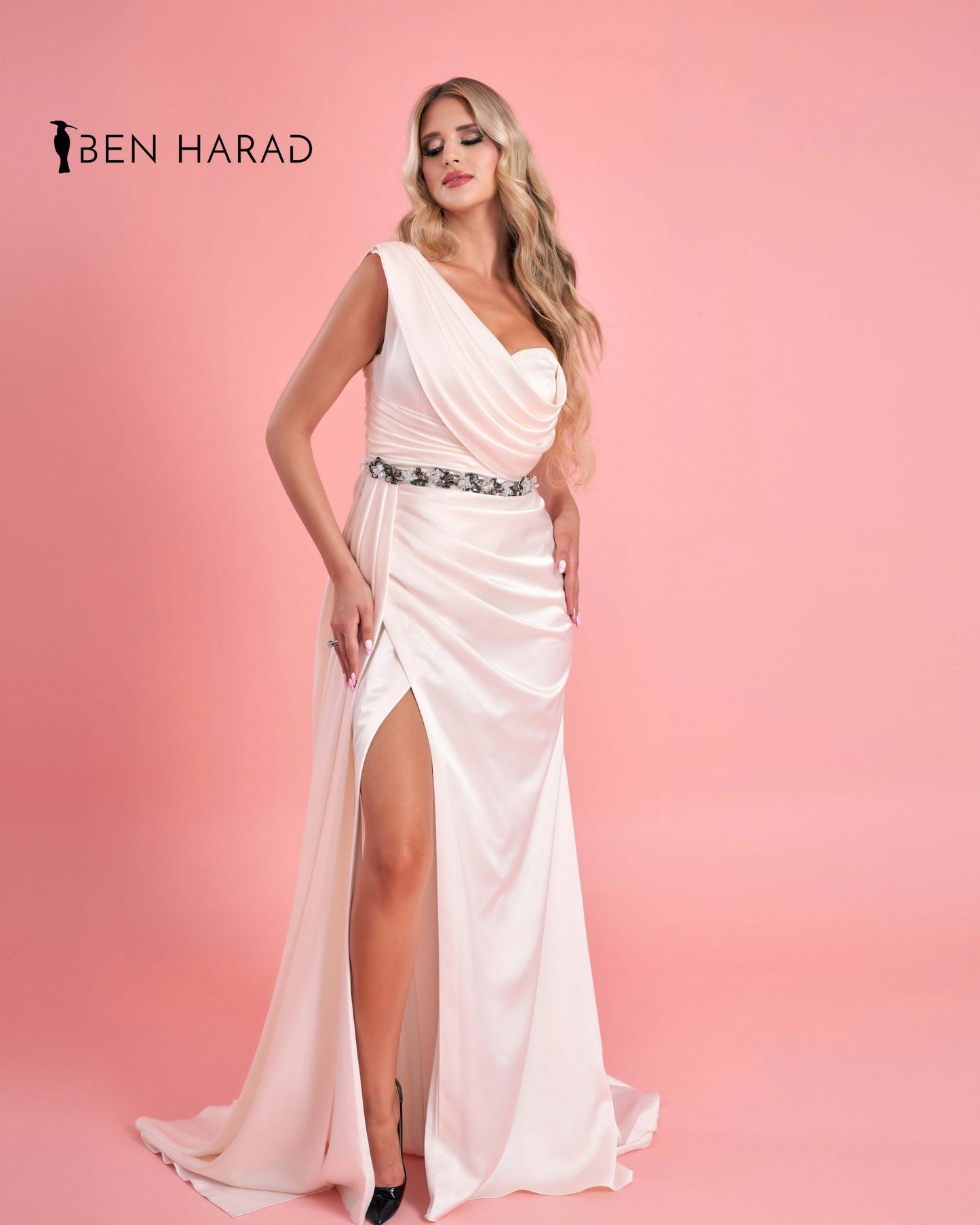 Jasmine White Folds Front Belted Silk Satin Split Thigh Dress