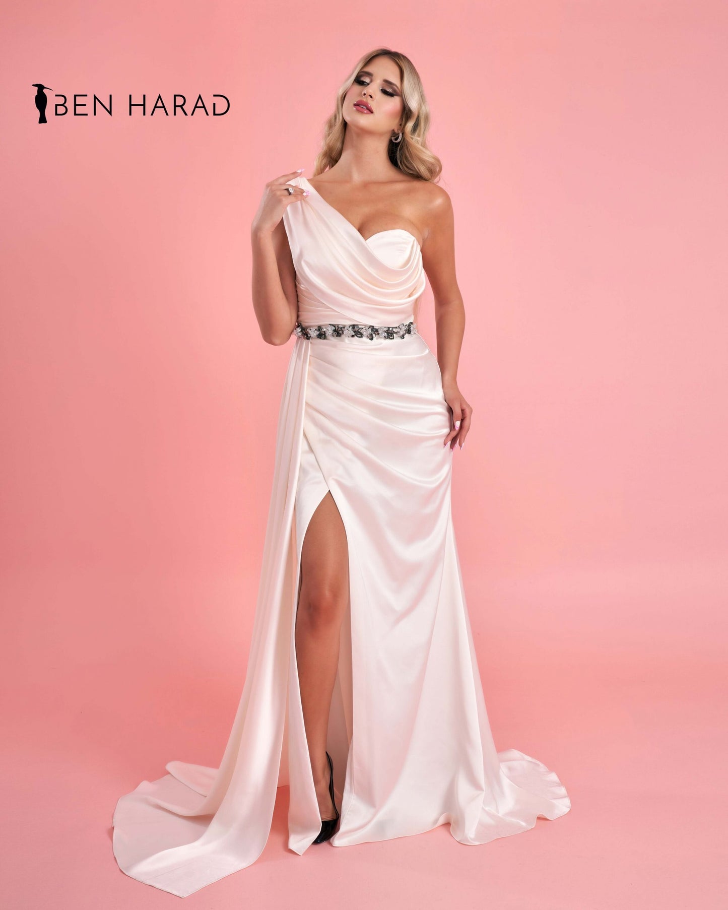 Jasmine White Folds Front Belted Silk Satin Split Thigh Dress