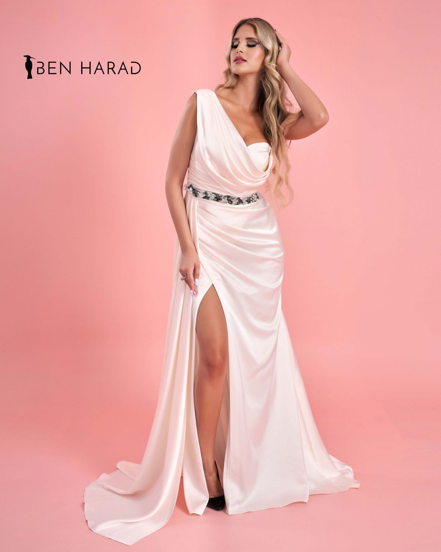 Jasmine White Folds Front Belted Silk Satin Split Thigh Dress