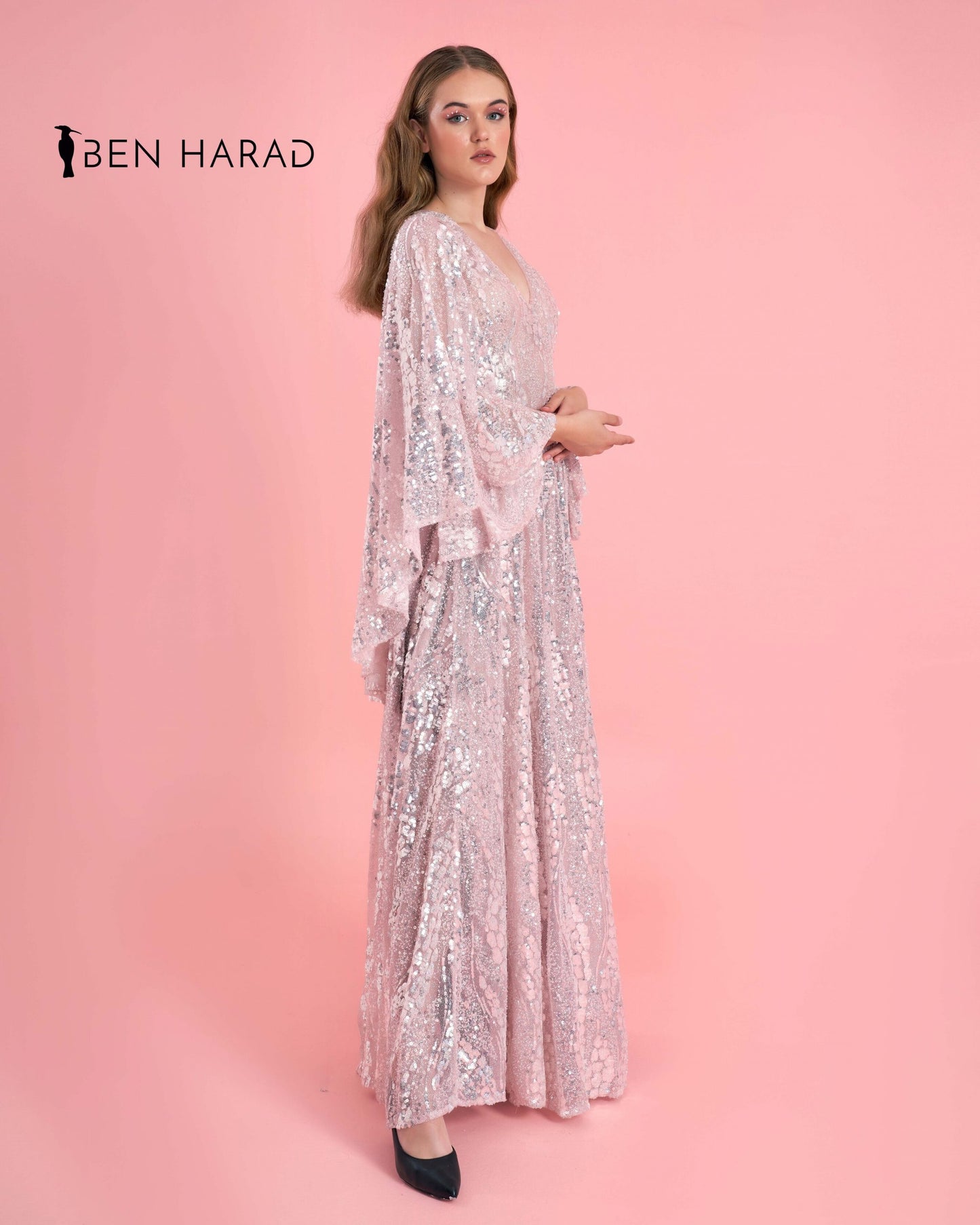Cloudy Pink Sequin Silvery Embroidered Maxi dress