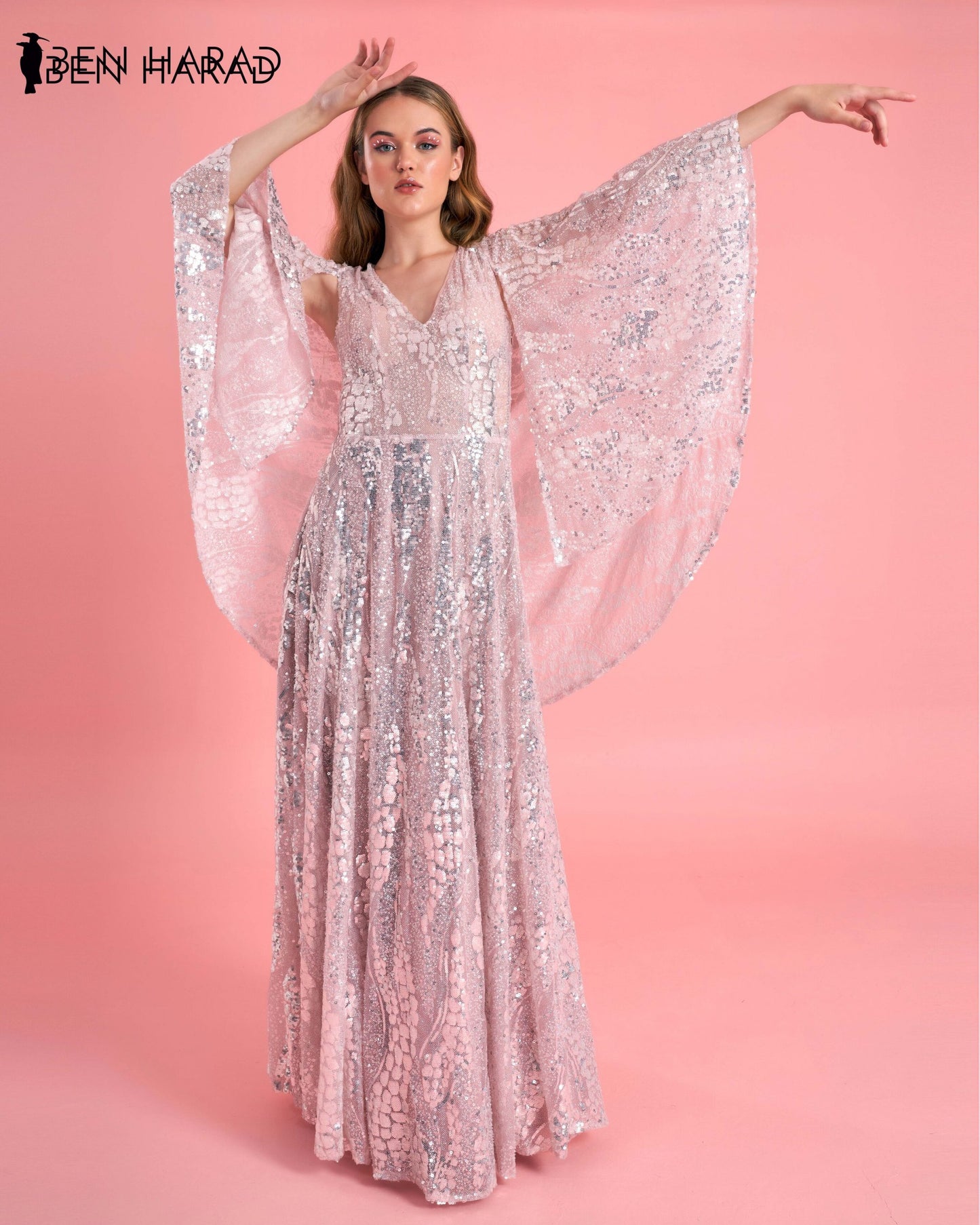 Cloudy Pink Sequin Silvery Embroidered Maxi dress