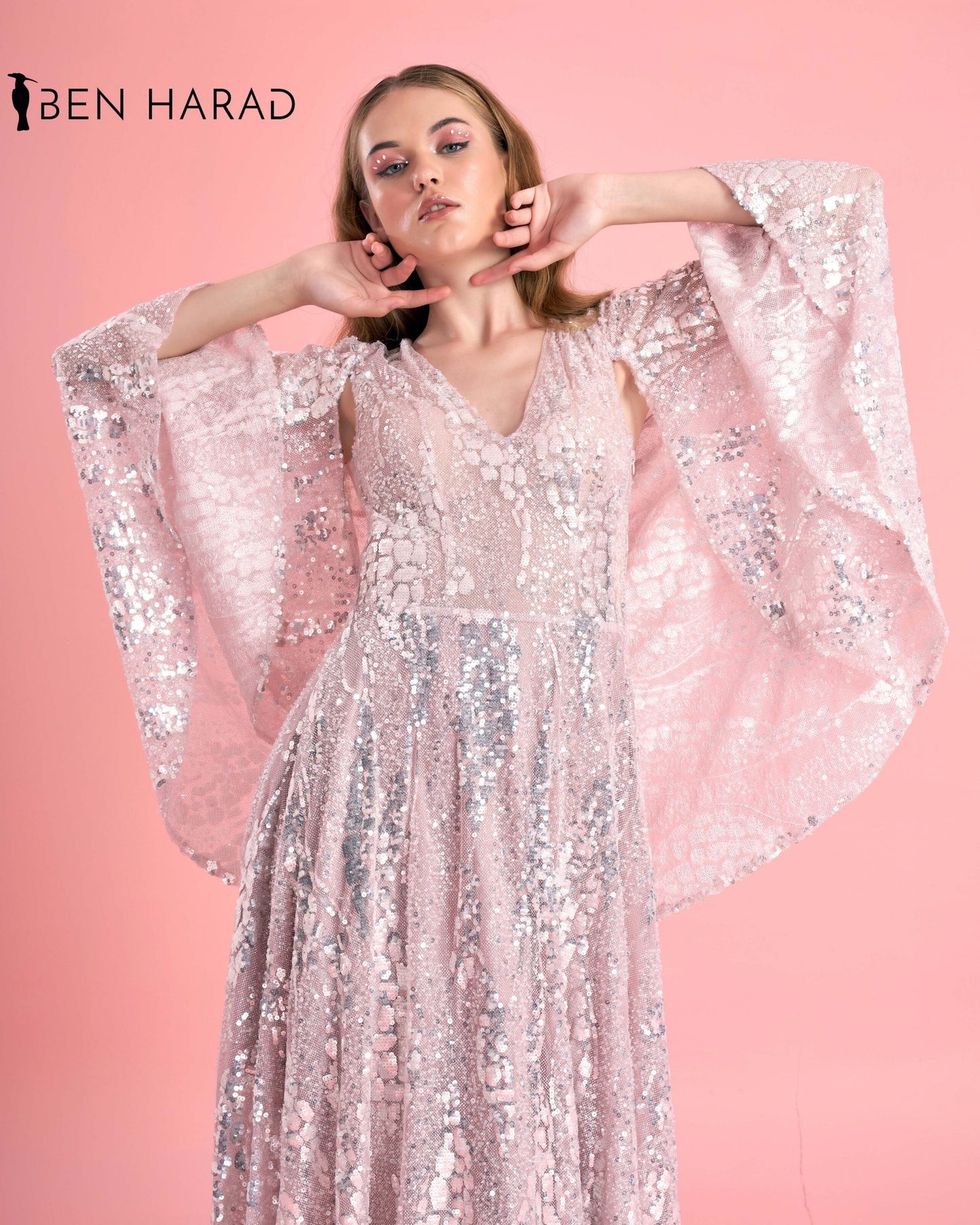 Cloudy Pink Sequin Silvery Embroidered Maxi dress