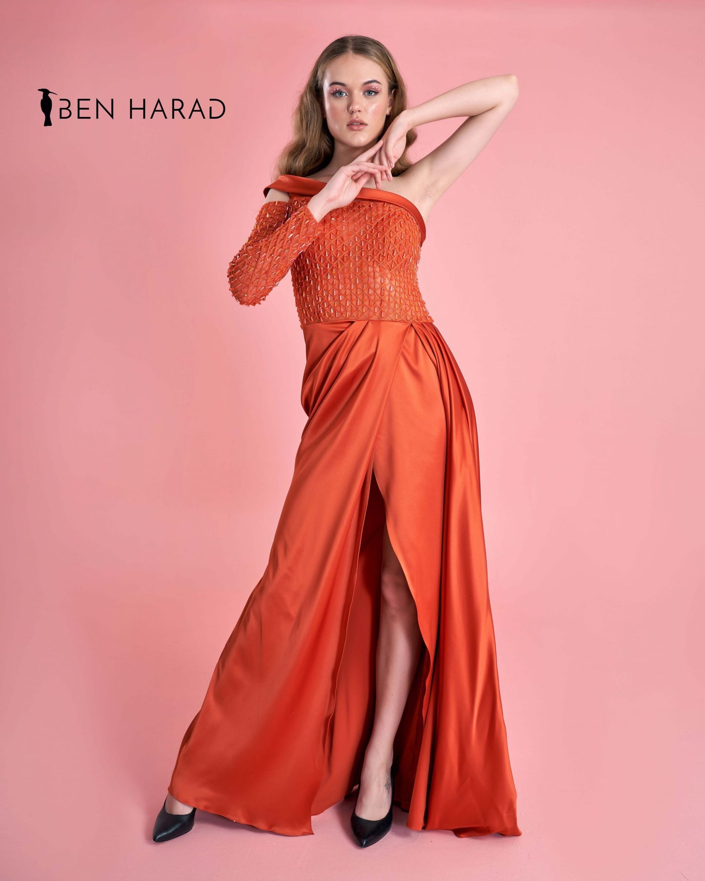 Orange Embroidered Sequin Bodice Split Thigh Maxi Satin Dress