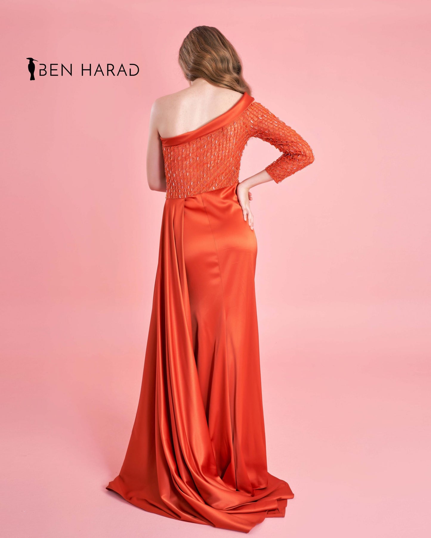 Orange Embroidered Sequin Bodice Split Thigh Maxi Satin Dress