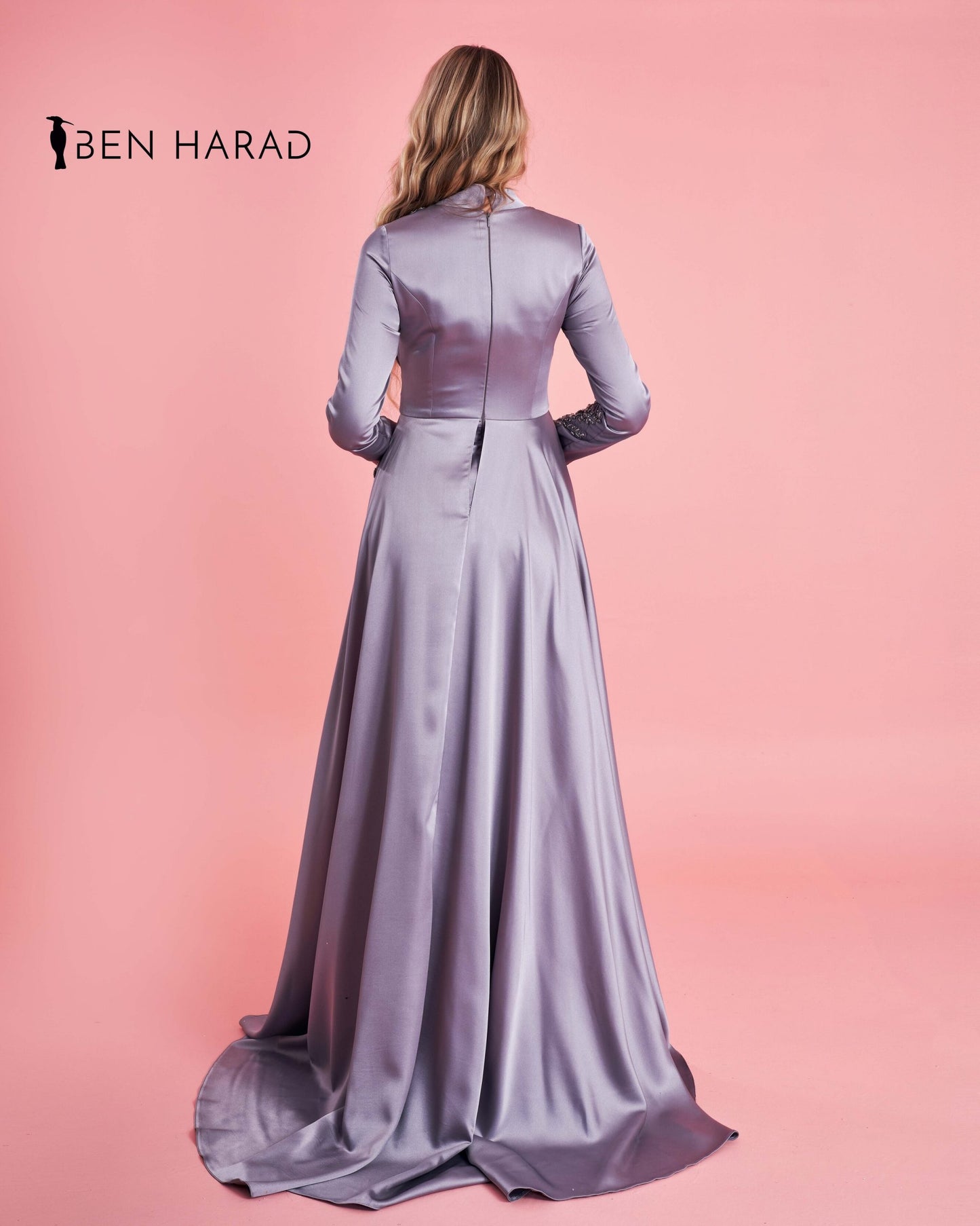 Lavender Modest Embroidered Front Folded Satin Dress