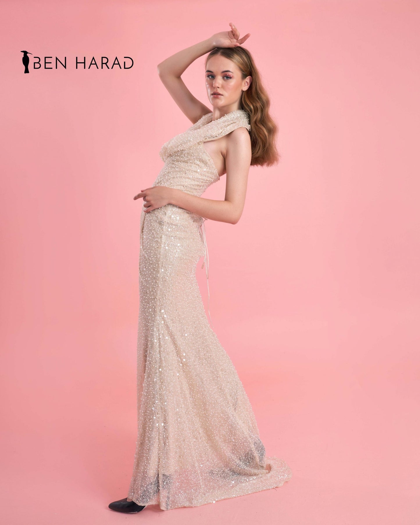 Champagne Pink Sequin Mesh Front Folded Open Back Maxi dress