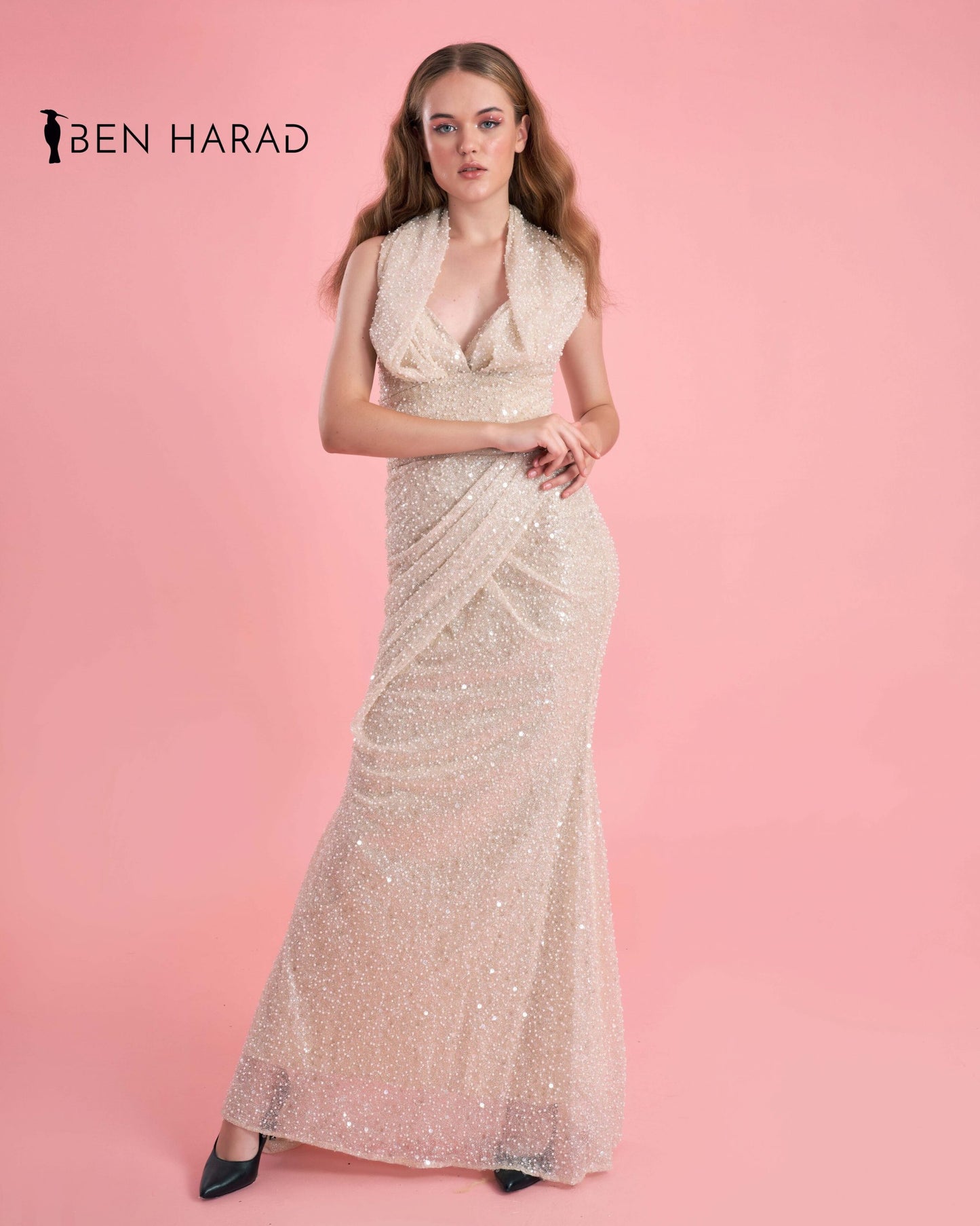Champagne Pink Sequin Mesh Front Folded Open Back Maxi dress
