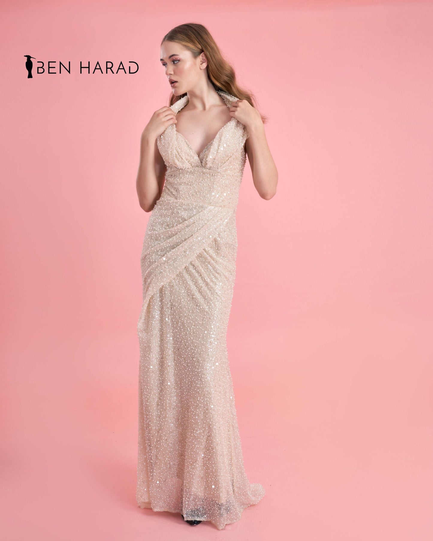 Champagne Pink Sequin Mesh Front Folded Open Back Maxi dress