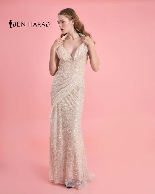 Champagne Pink Sequin Mesh Front Folded Open Back Maxi dress