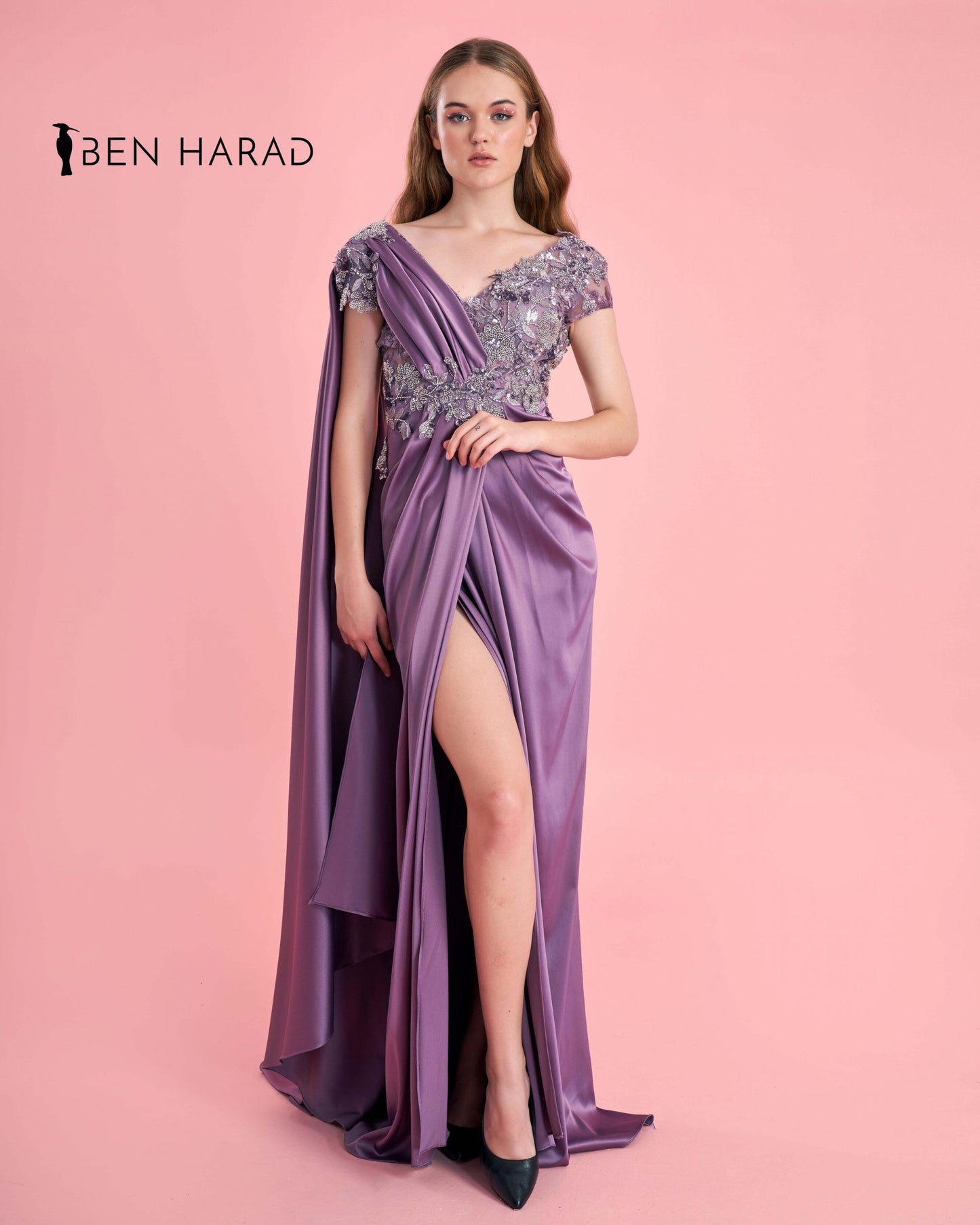 Moderate Purple Embroidered Front Folded Split Thigh Maxi Satin Dress