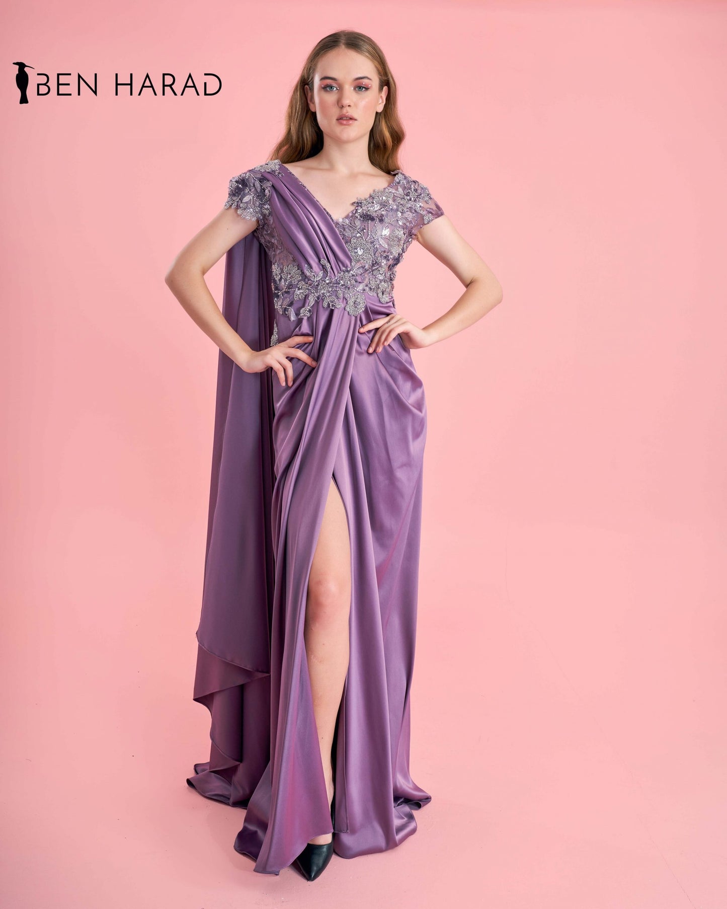 Moderate Purple Embroidered Front Folded Split Thigh Maxi Satin Dress