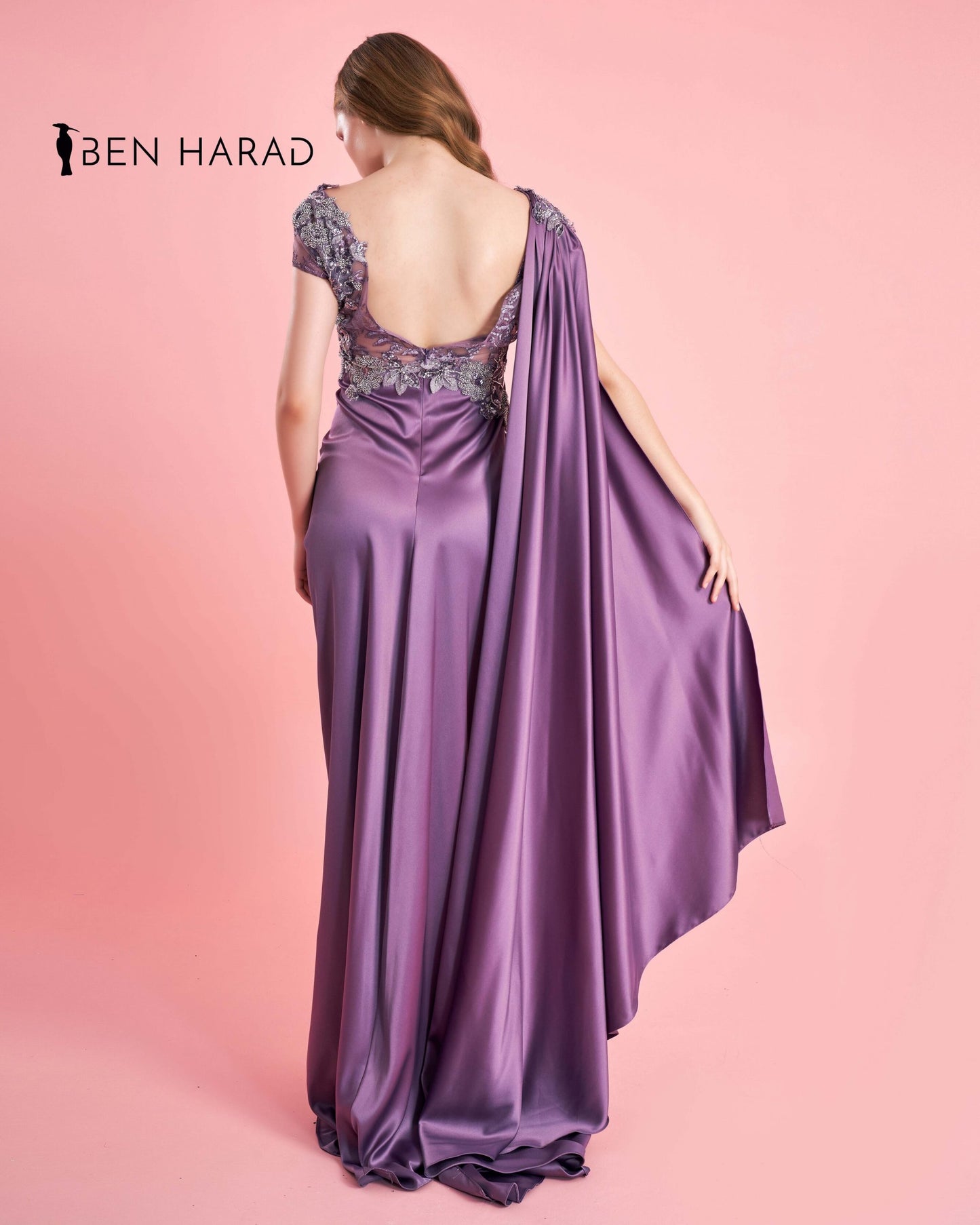 Moderate Purple Embroidered Front Folded Split Thigh Maxi Satin Dress