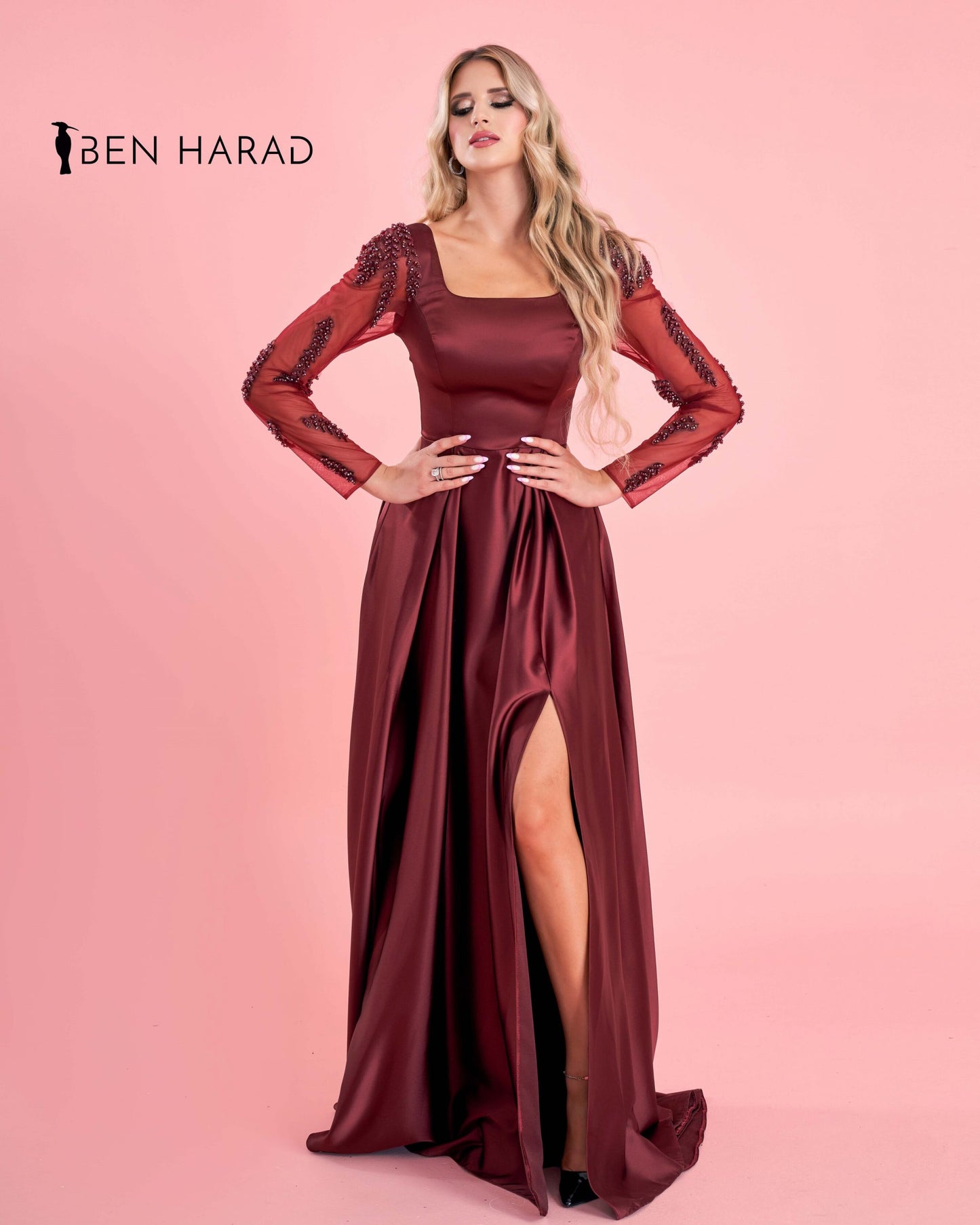 Burgundy Satin Maxi Dress With Embroidered Sequin Sleeves