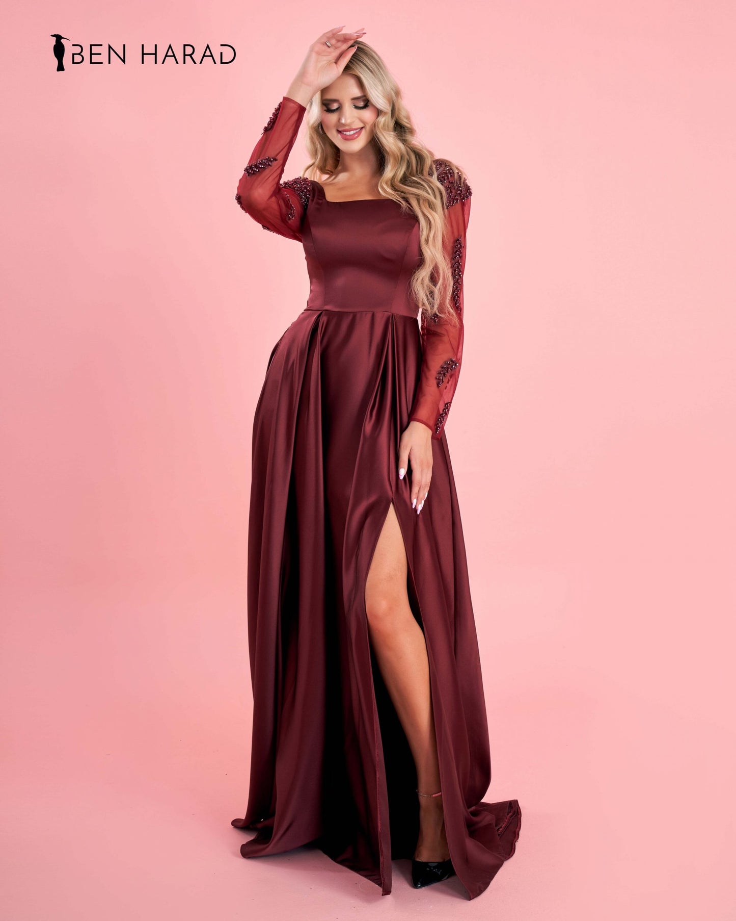 Burgundy Satin Maxi Dress With Embroidered Sequin Sleeves