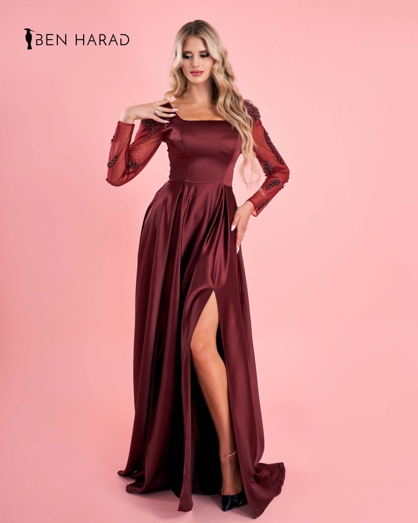 Burgundy Satin Maxi Dress With Embroidered Sequin Sleeves