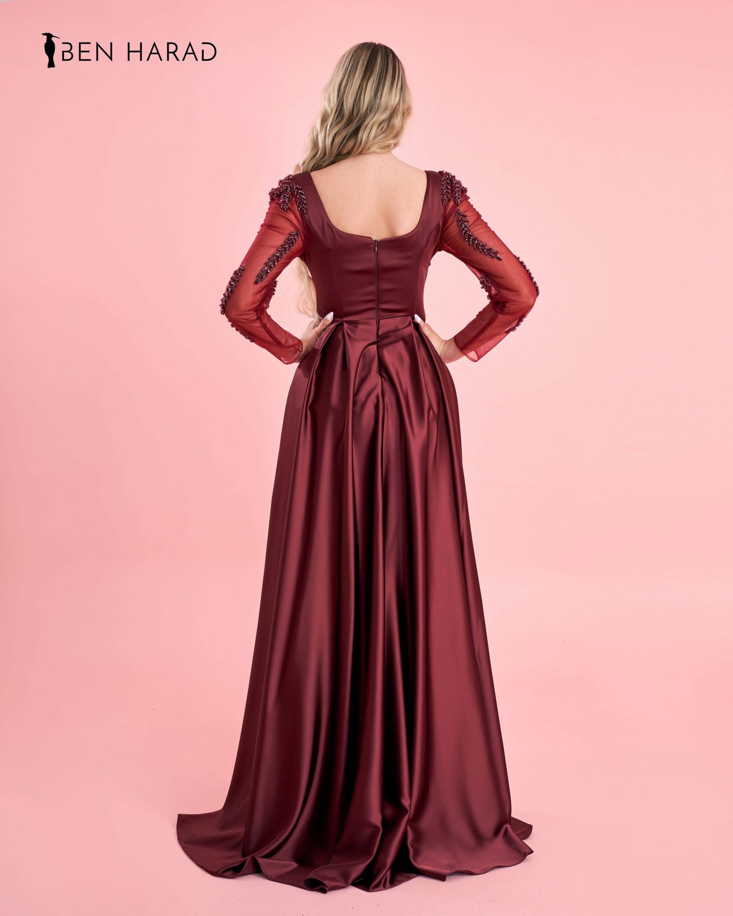 Burgundy Satin Maxi Dress With Embroidered Sequin Sleeves