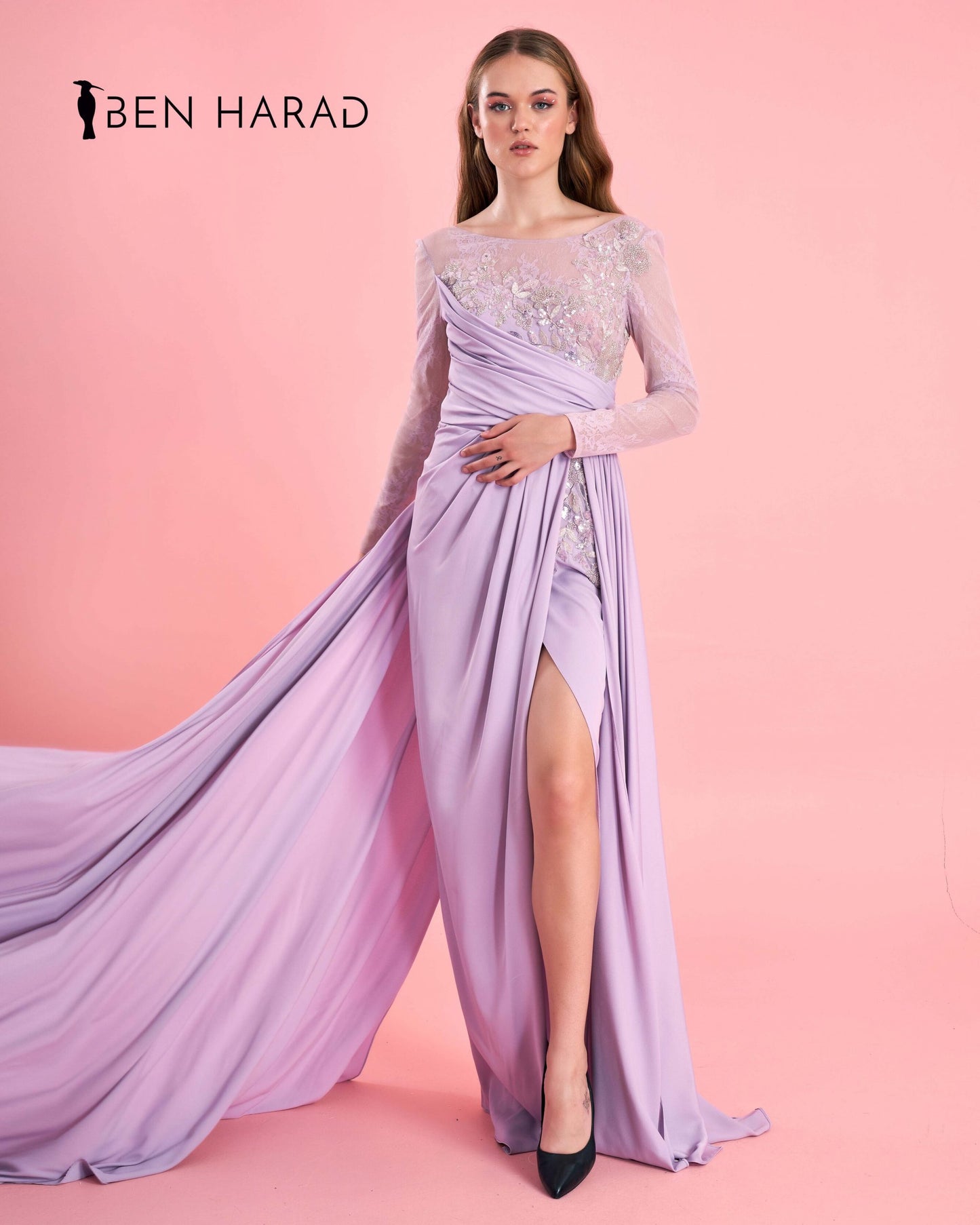 Lilac Sequin Bodice Full Sleeve Front Folded Split Thigh Maxi Satin Dress