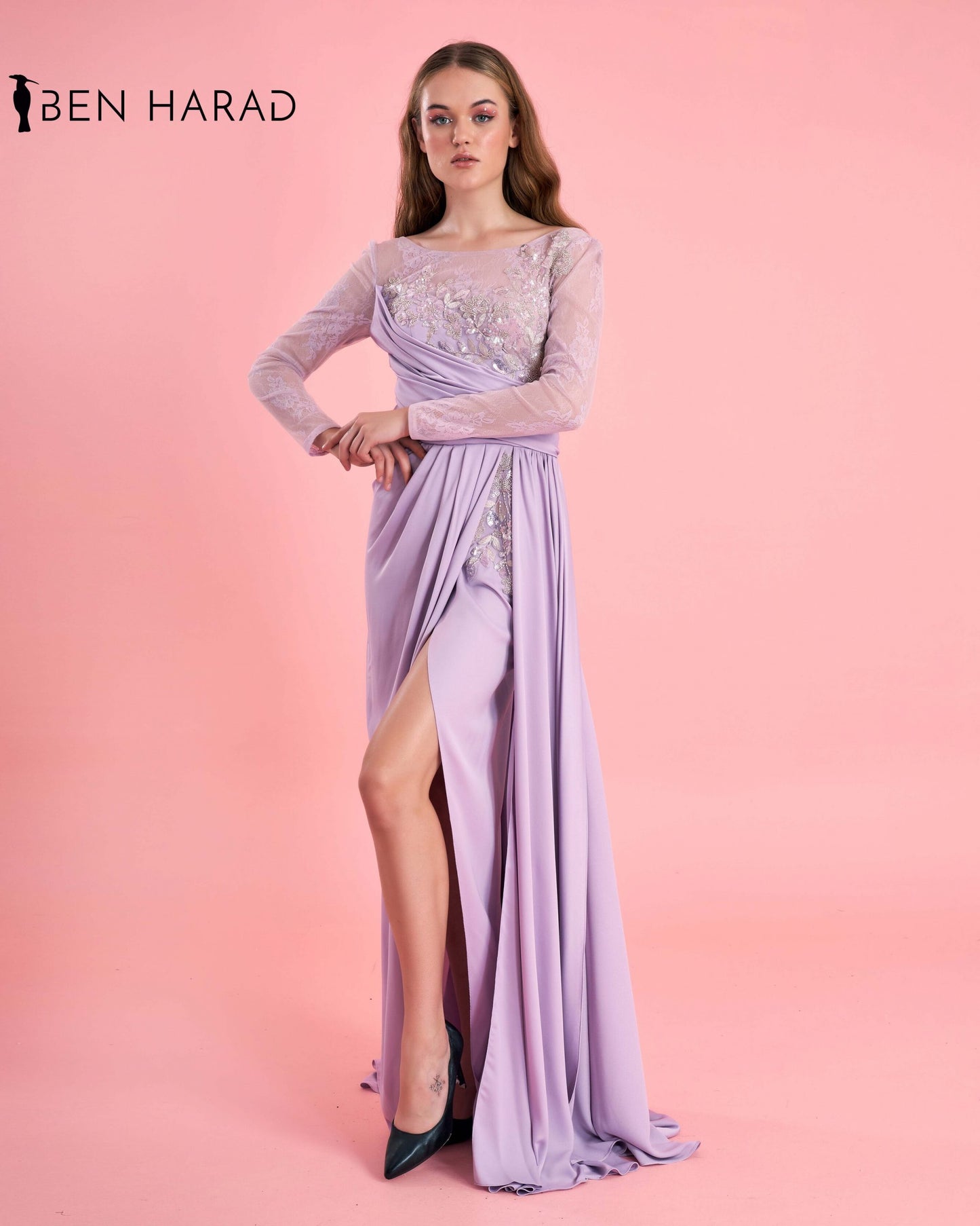 Lilac Sequin Bodice Full Sleeve Front Folded Split Thigh Maxi Satin Dress