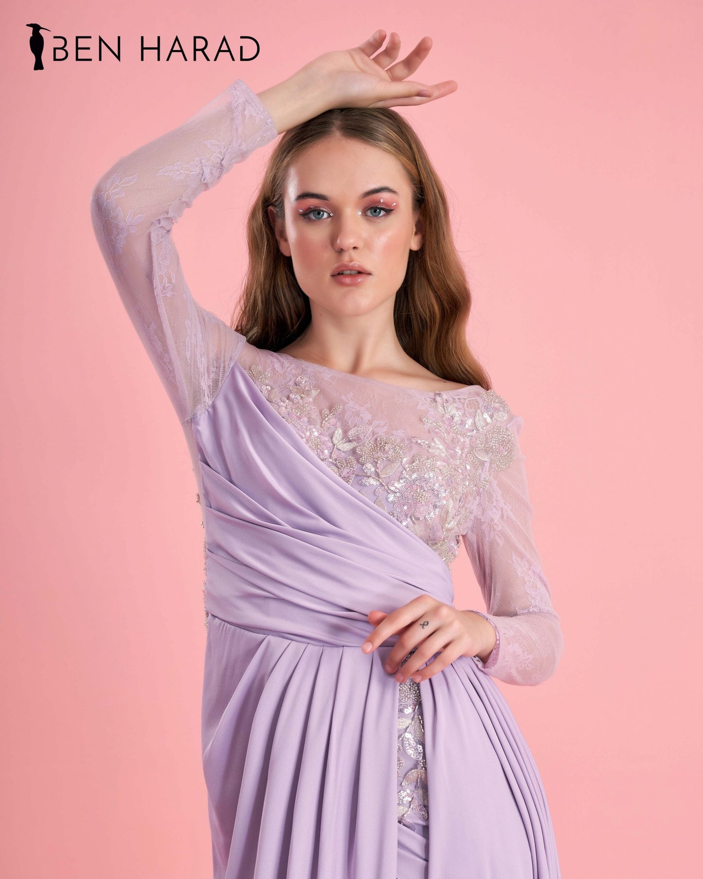 Lilac Sequin Bodice Full Sleeve Front Folded Split Thigh Maxi Satin Dress