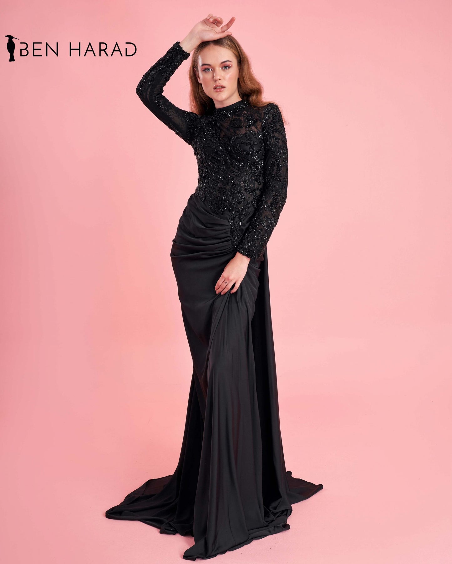 Black Front Folds Maxi Dress With Full Sequins Sleeves and Peafowl Tail