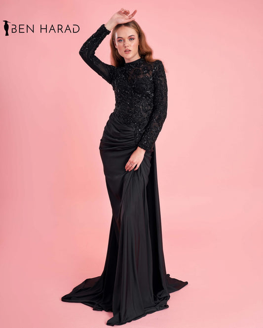 Black Front Folds Maxi Dress With Full Sequins Sleeves and Peafowl Tail