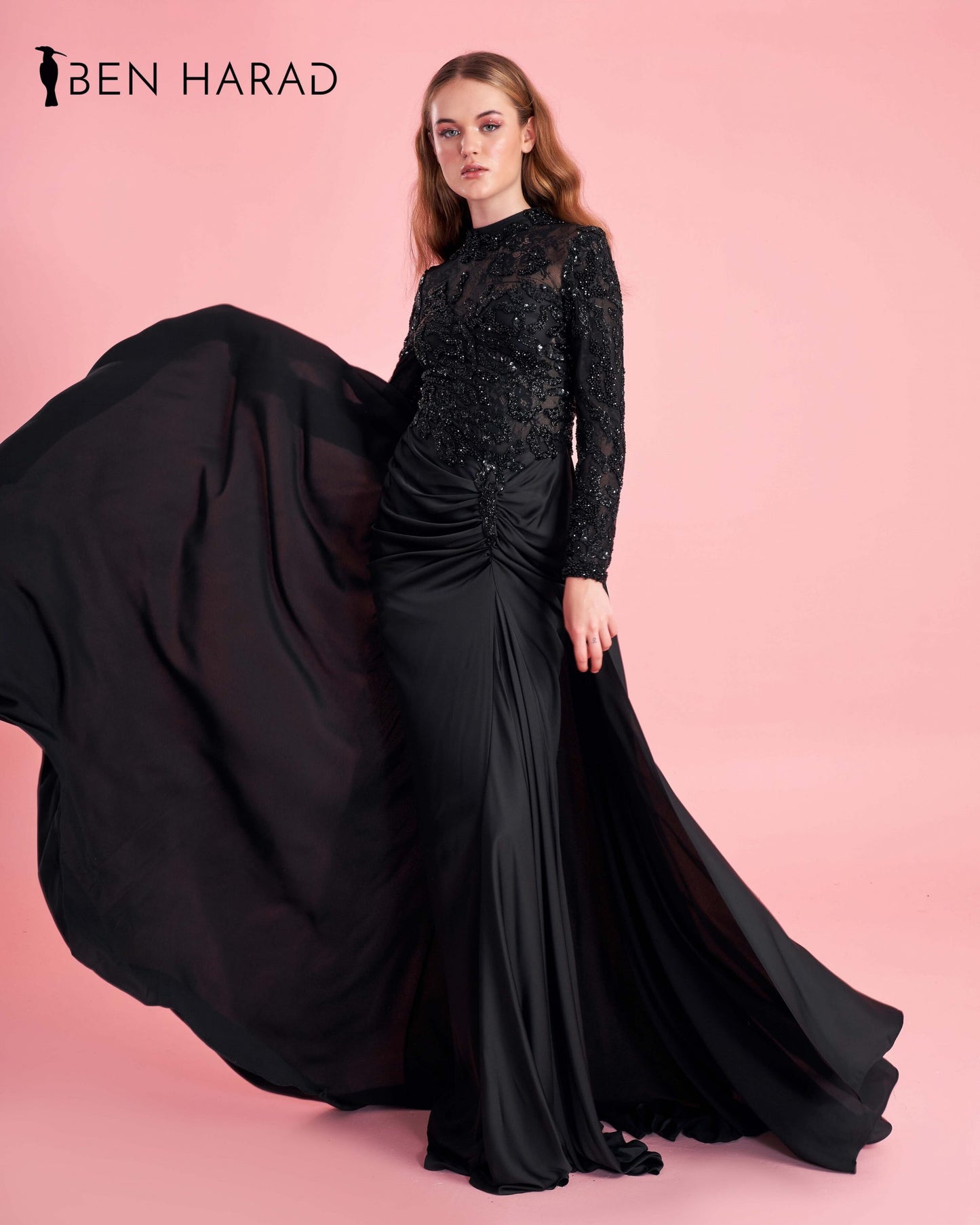 Black Front Folds Maxi Dress With Full Sequins Sleeves and Peafowl Tail