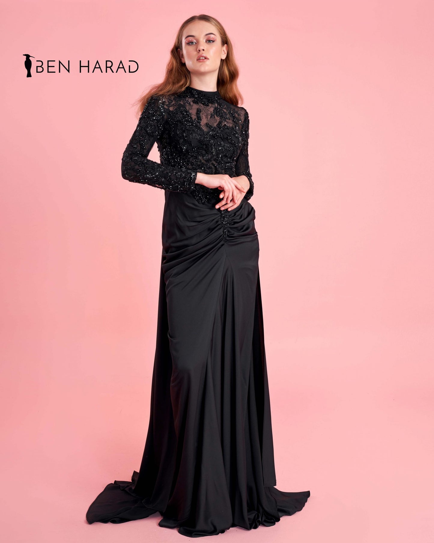 Black Front Folds Maxi Dress With Full Sequins Sleeves and Peafowl Tail