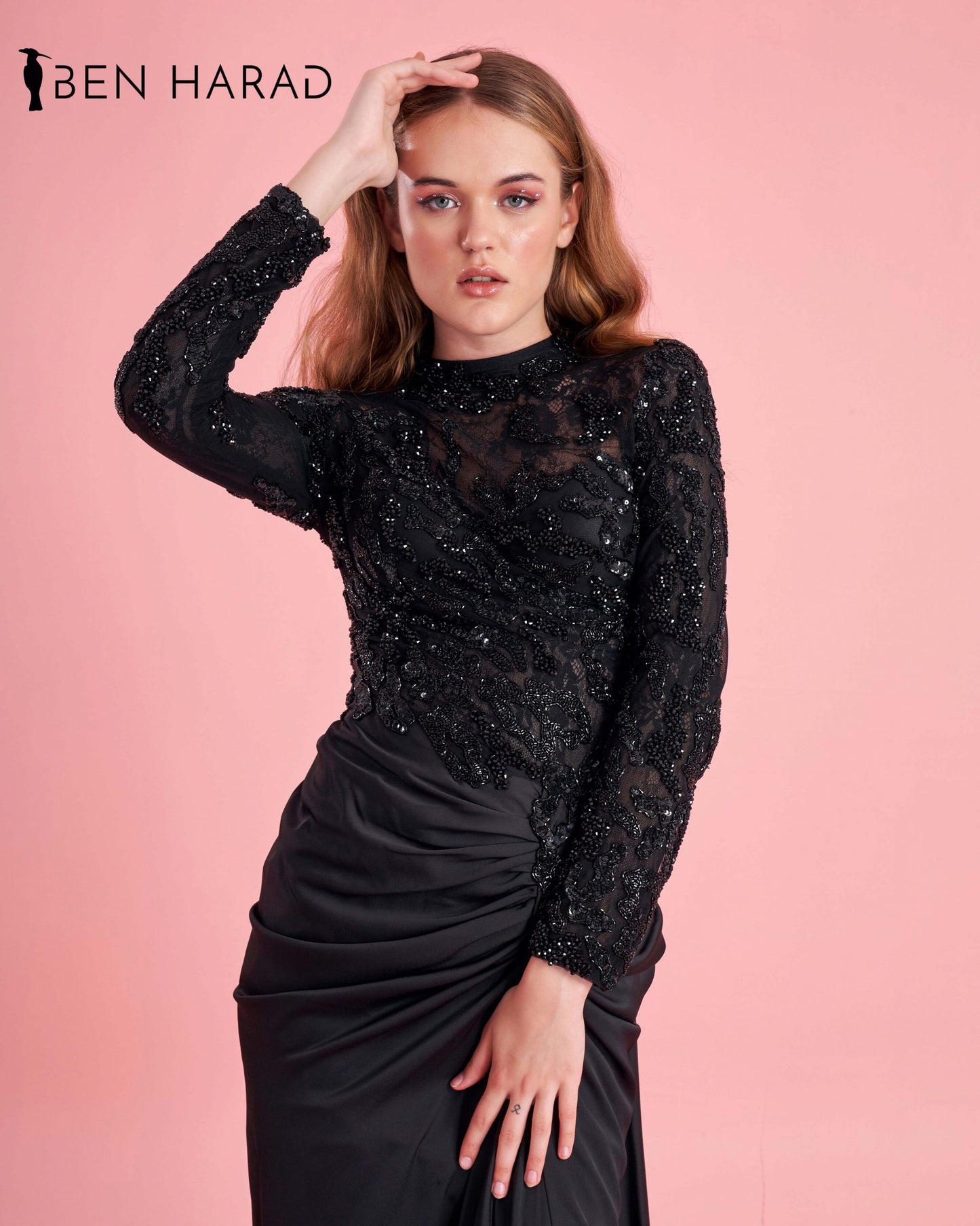 Black Front Folds Maxi Dress With Full Sequins Sleeves and Peafowl Tail