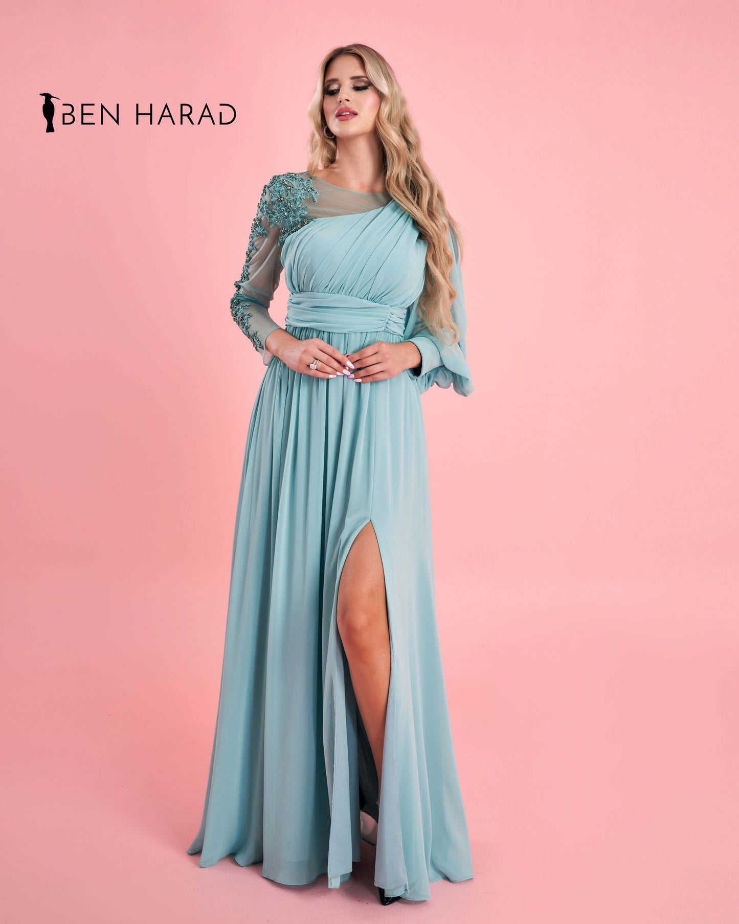 Aqua Green Drape Wrap One Shoulder Embroidered Sequin With Split Thigh Chiffon Maxi Dress