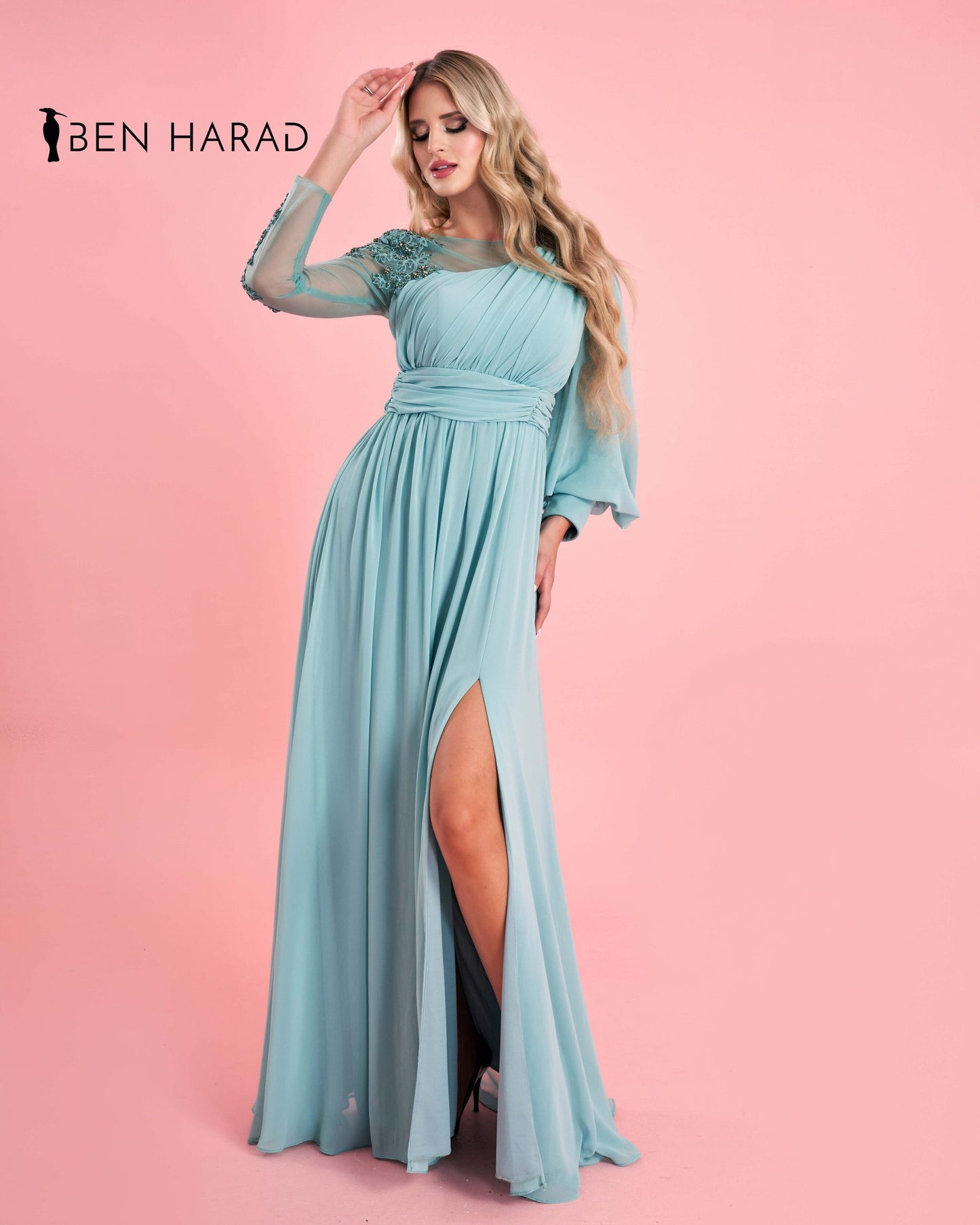 Aqua Green Drape Wrap One Shoulder Embroidered Sequin With Split Thigh Chiffon Maxi Dress