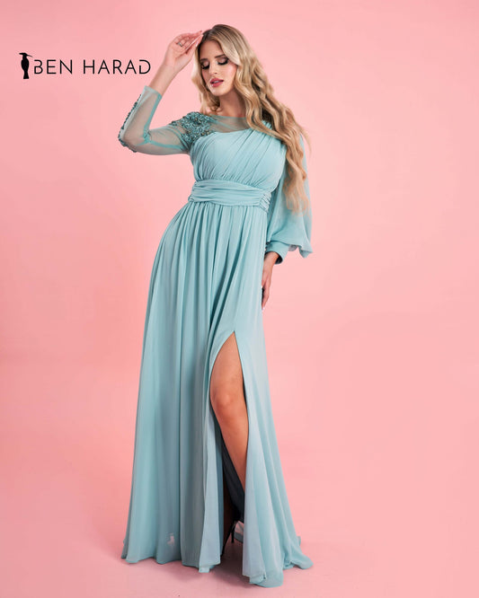 Aqua Green Drape Wrap One Shoulder Embroidered Sequin With Split Thigh Chiffon Maxi Dress