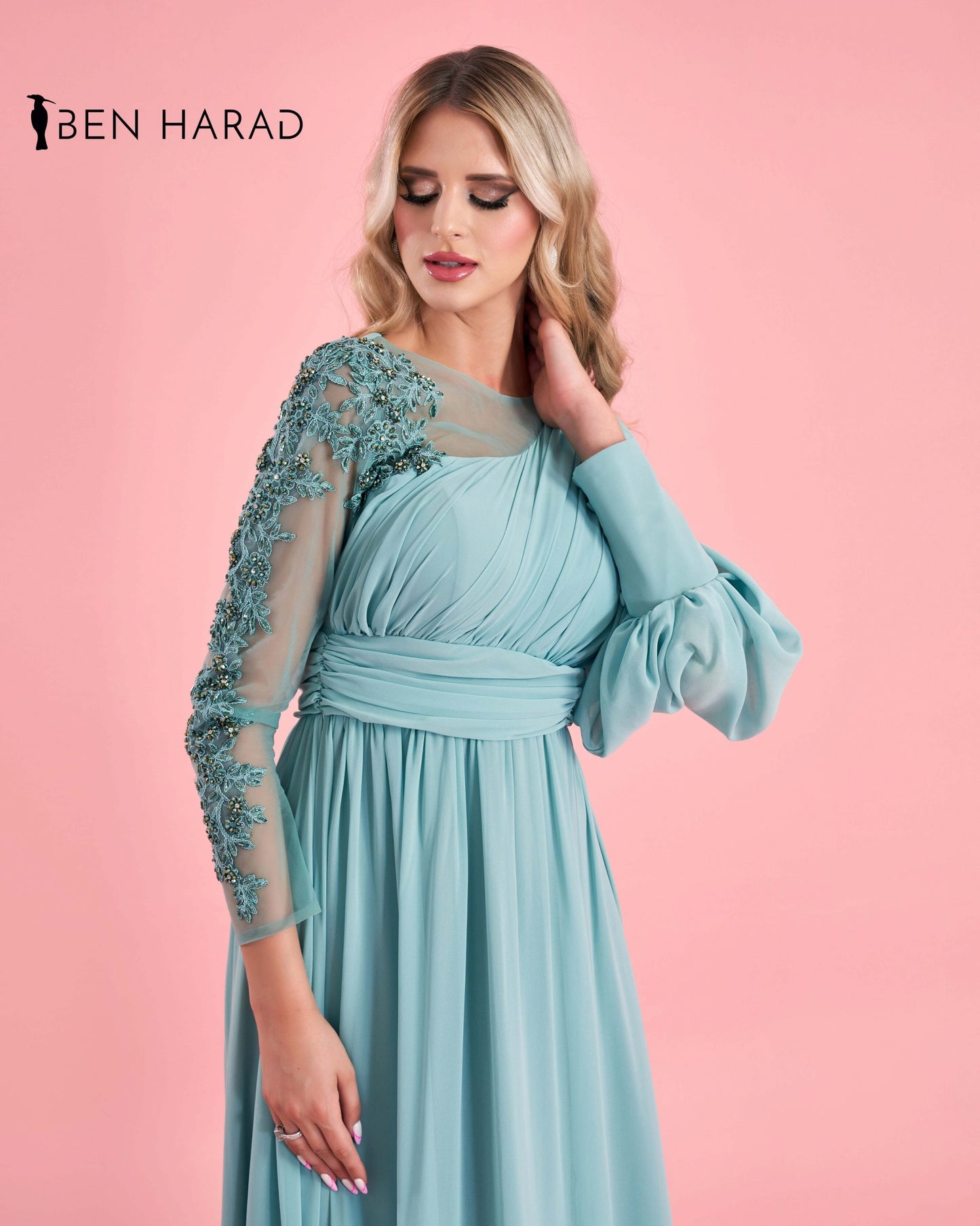Aqua Green Drape Wrap One Shoulder Embroidered Sequin With Split Thigh Chiffon Maxi Dress