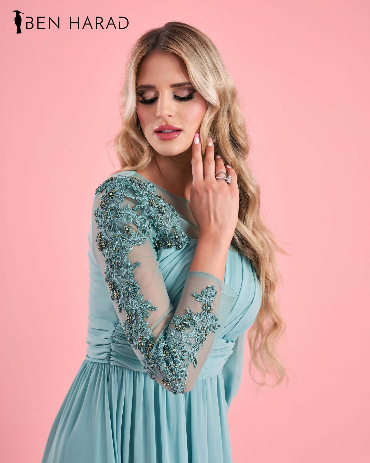 Aqua Green Drape Wrap One Shoulder Embroidered Sequin With Split Thigh Chiffon Maxi Dress