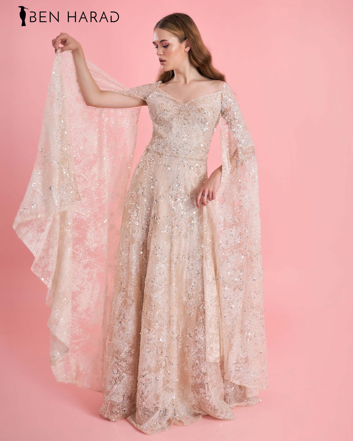 Pale Pink Embroidered Sequin Mesh V-Neck Maxi Dress