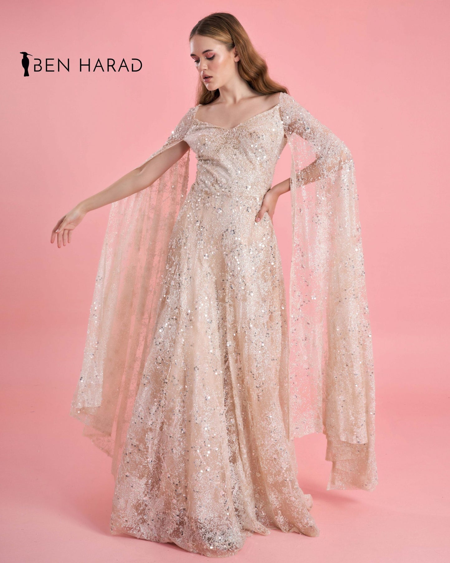 Pale Pink Embroidered Sequin Mesh V-Neck Maxi Dress