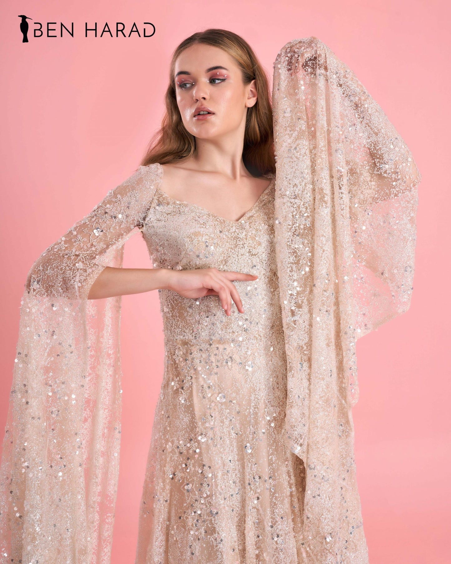 Pale Pink Embroidered Sequin Mesh V-Neck Maxi Dress