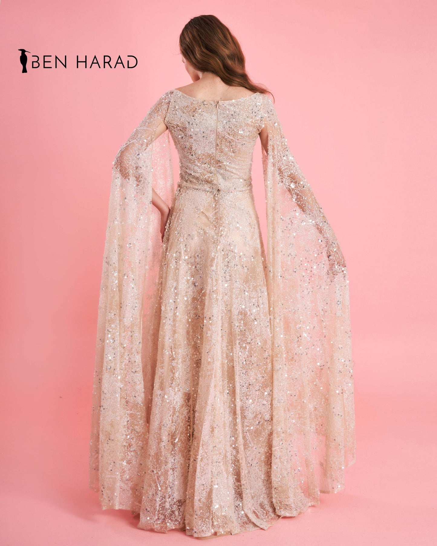 Pale Pink Embroidered Sequin Mesh V-Neck Maxi Dress