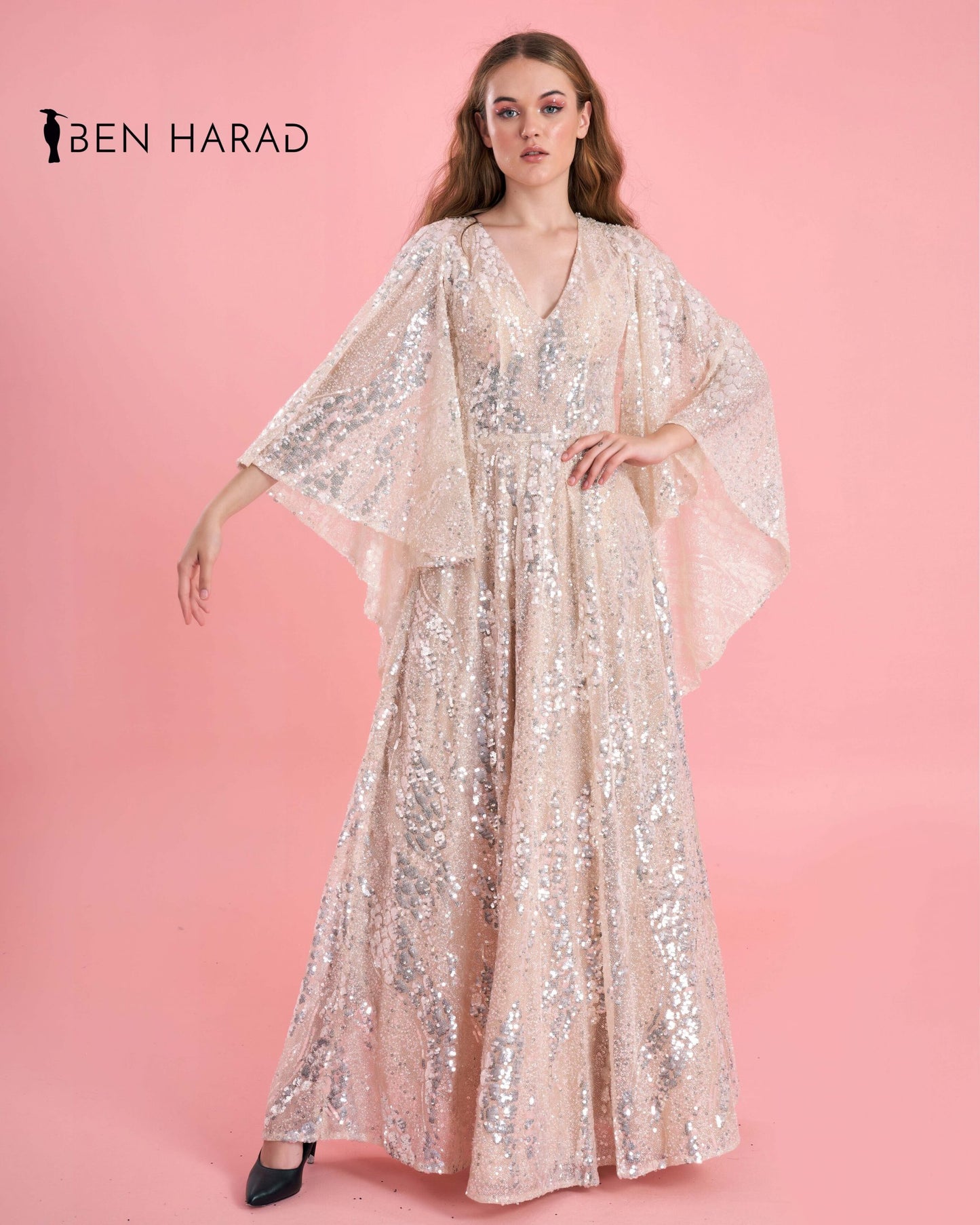 Champagne Pink Sequin Silvery Embroidered Maxi Dress