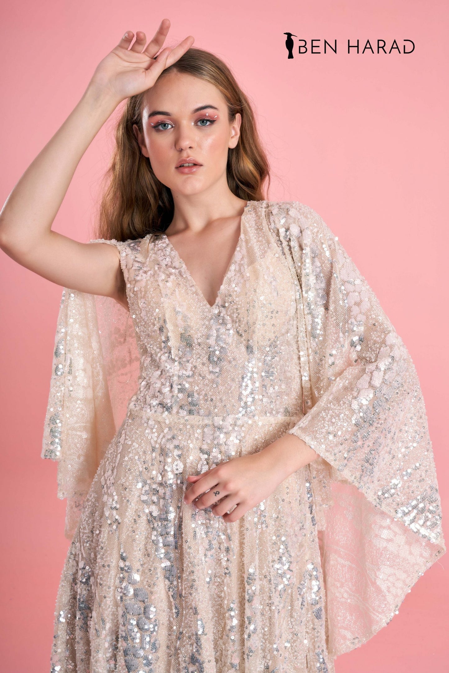 Champagne Pink Sequin Silvery Embroidered Maxi Dress