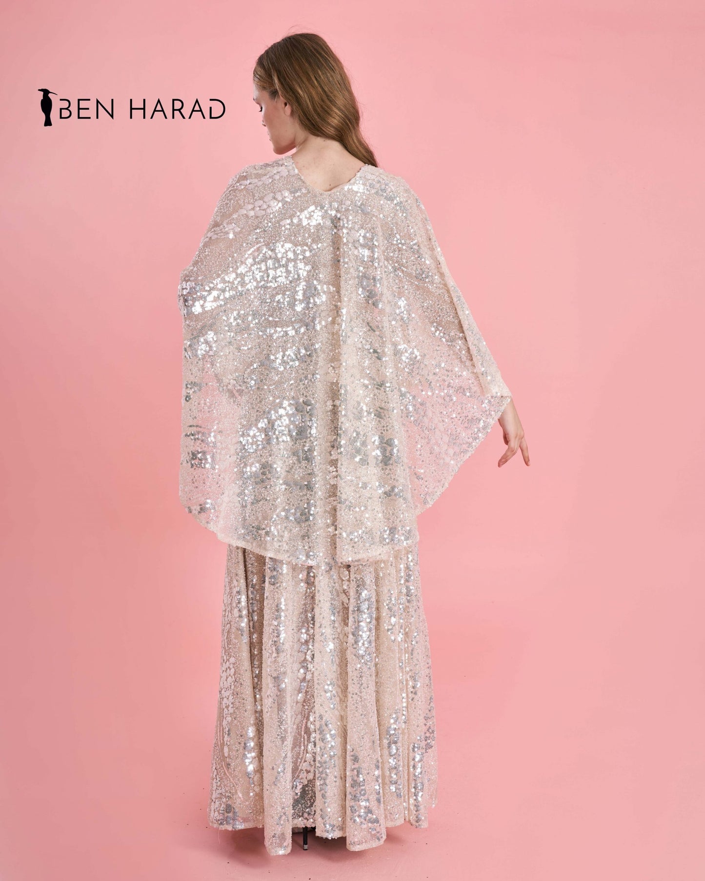 Champagne Pink Sequin Silvery Embroidered Maxi Dress